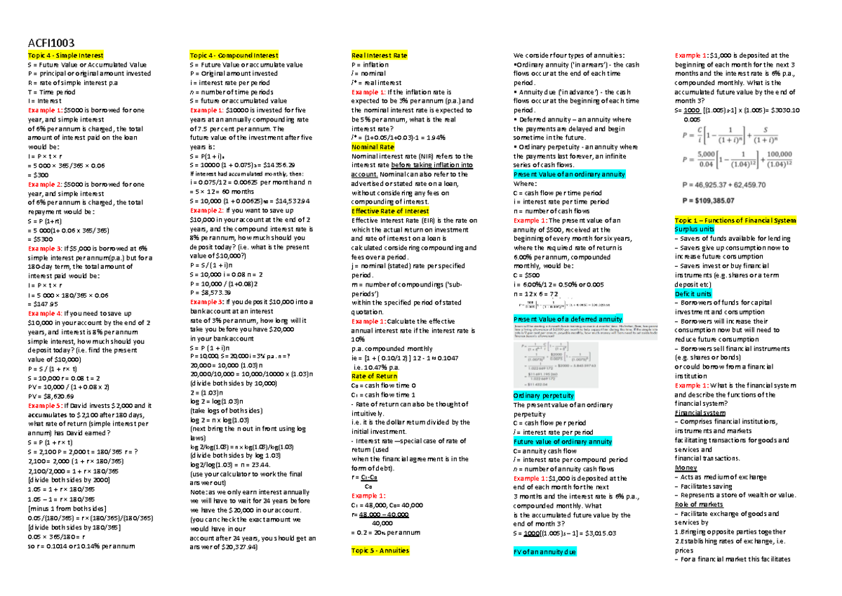 ACFI1003-cheat-sheet - ACFI Topic 4 - Simple Interest S = Future Value ...