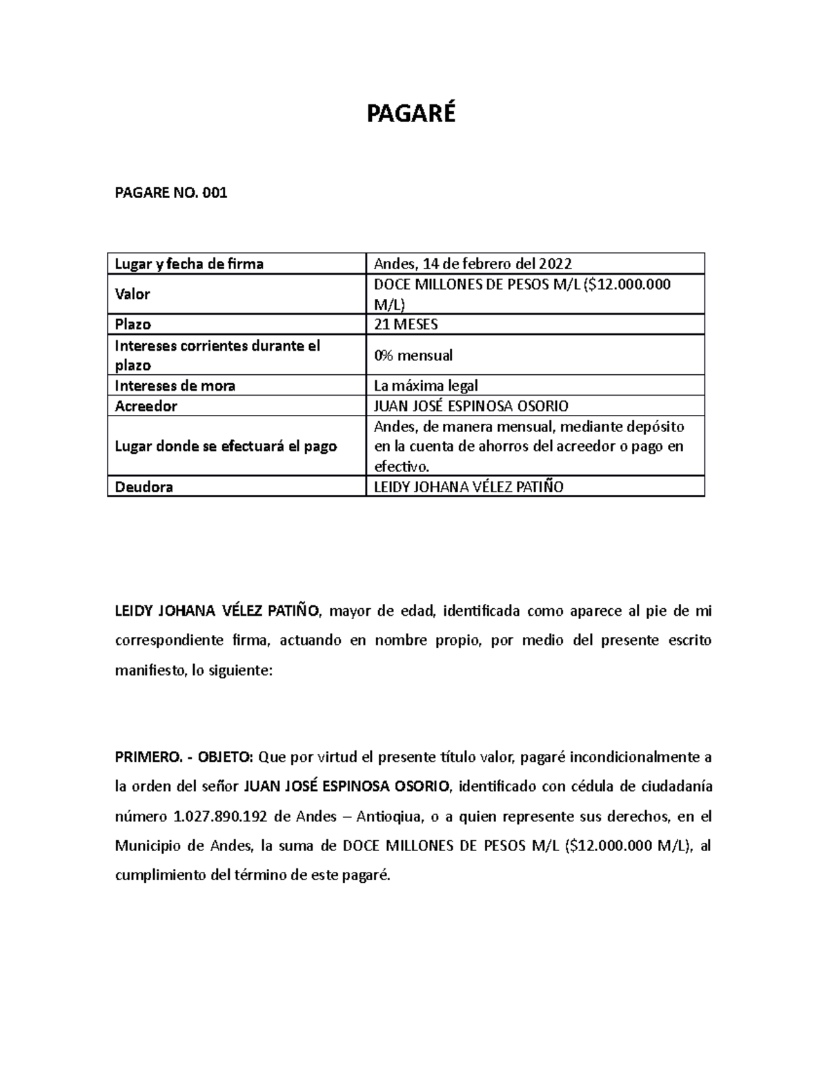 Formato Pagaré - PAGARÉ PAGARE NO. 001 Lugar Y Fecha De Firma Andes, 14 ...