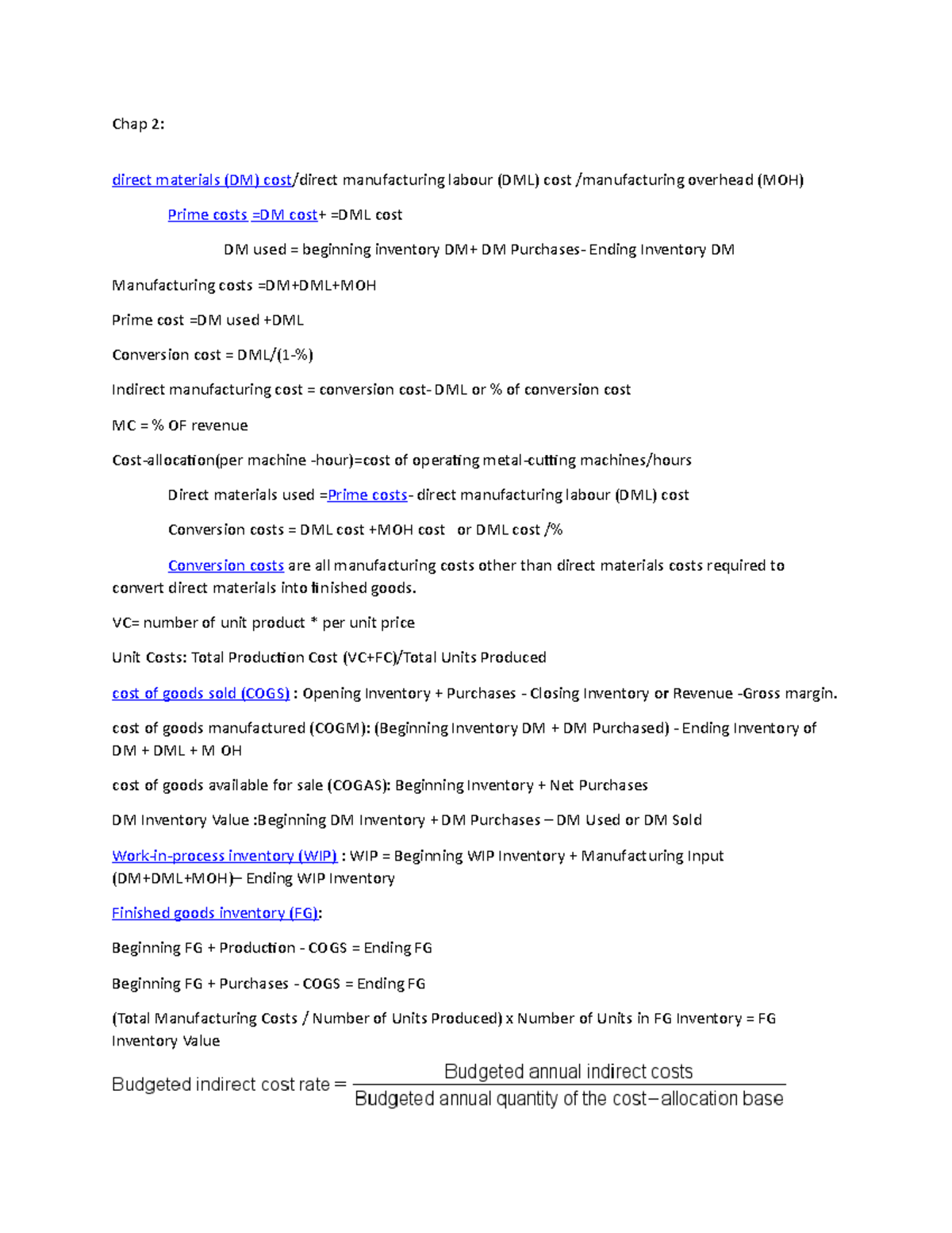 Furmola exam - NOTE - Chap 2: direct materials (DM) cost/direct ...