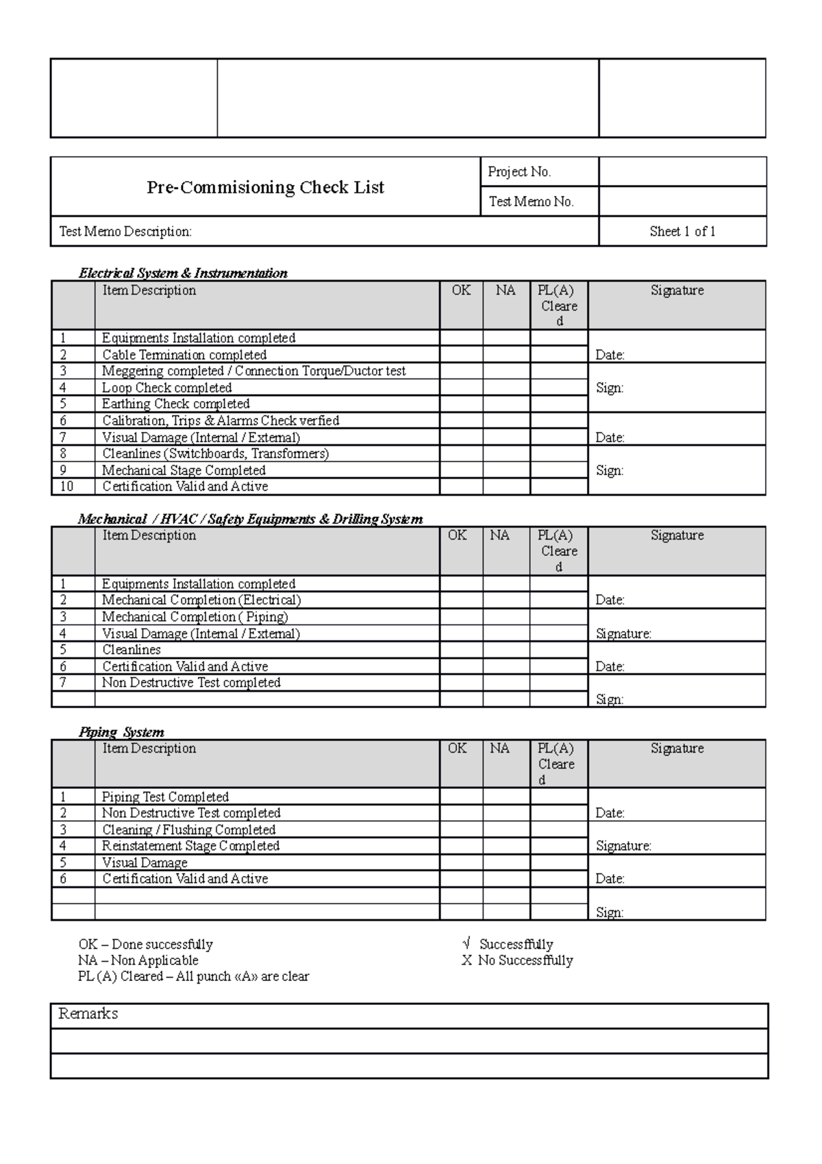 273778620 Pre Commissioning Check List - Pre-Commisioning Check List ...