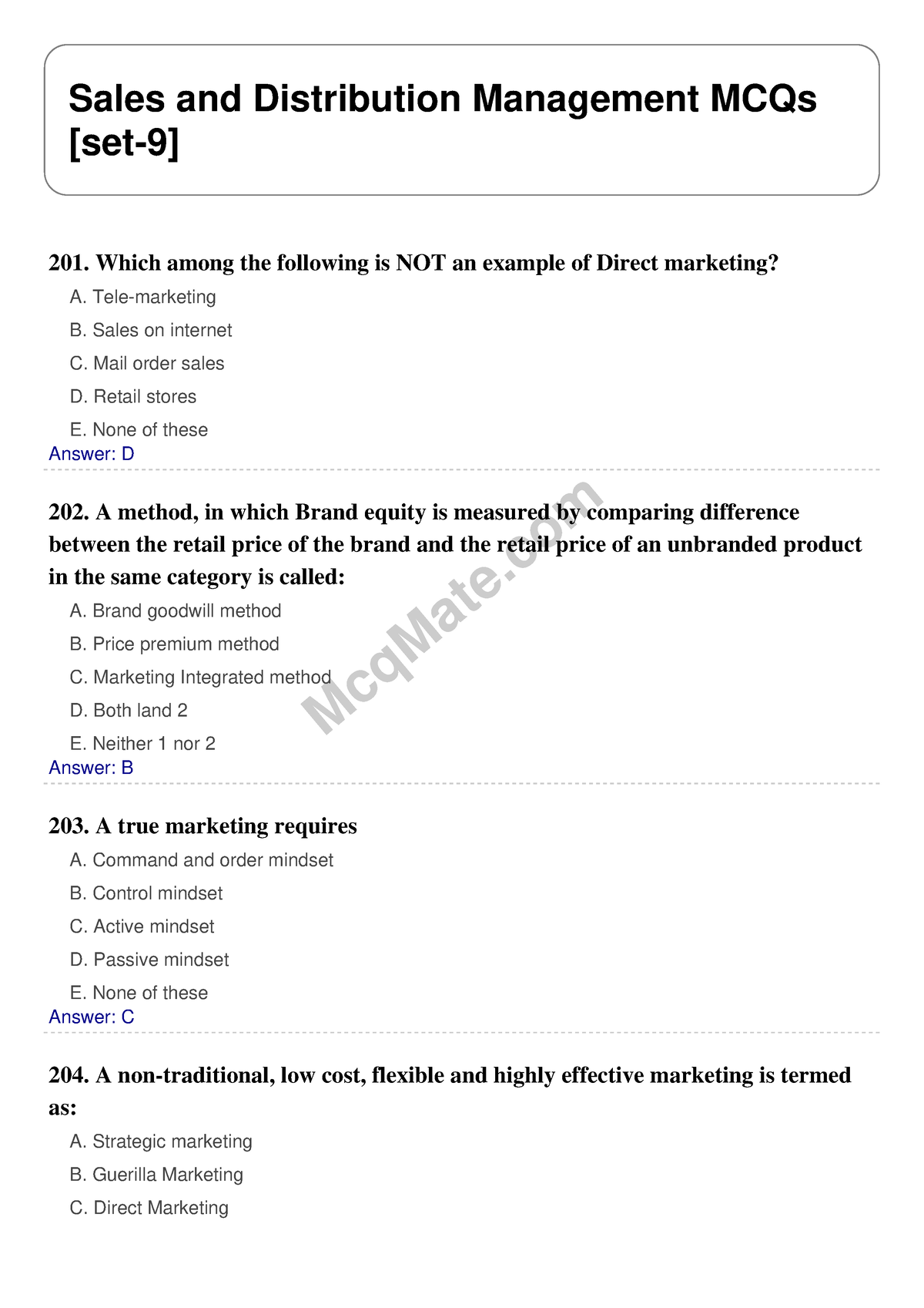 Sales And Distribution Management Solved MCQs [set-9] Mcq Mate.com ...