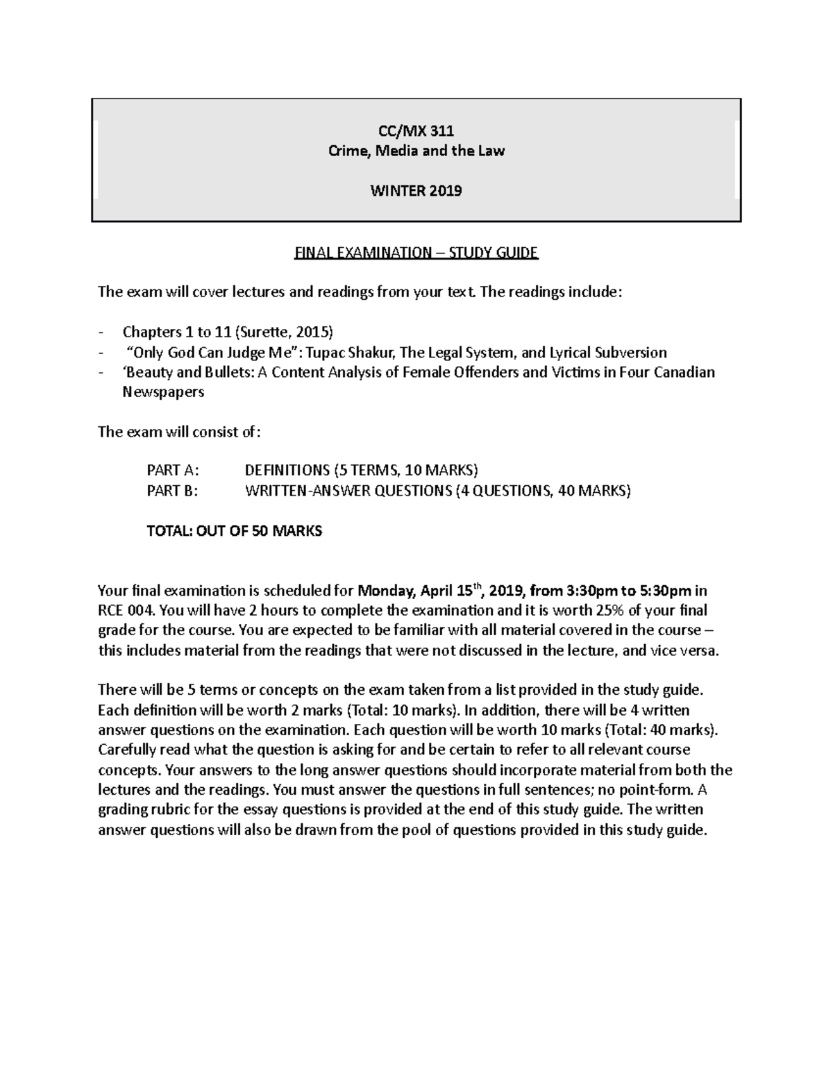 CC 311 Final Exam Study Guide - CC/MX 311 Crime, Media and the Law ...