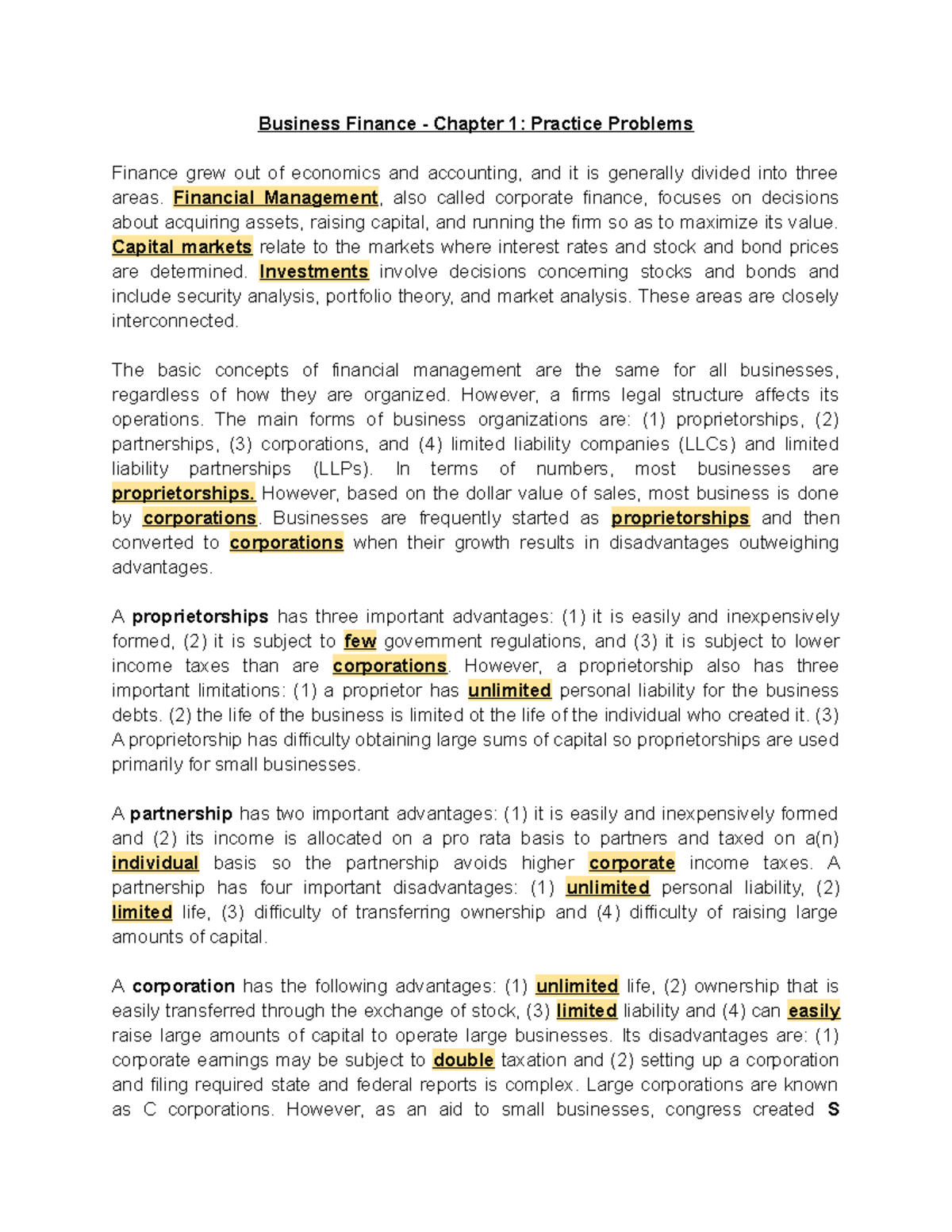 Business Finance - Chapter 1 Practice Problems - Business Finance ...