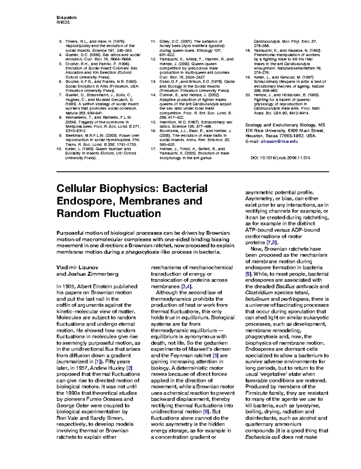 1-s2.0-S0960982206024493-Cel Biophys Bacterial Endospore - Trivers, R ...