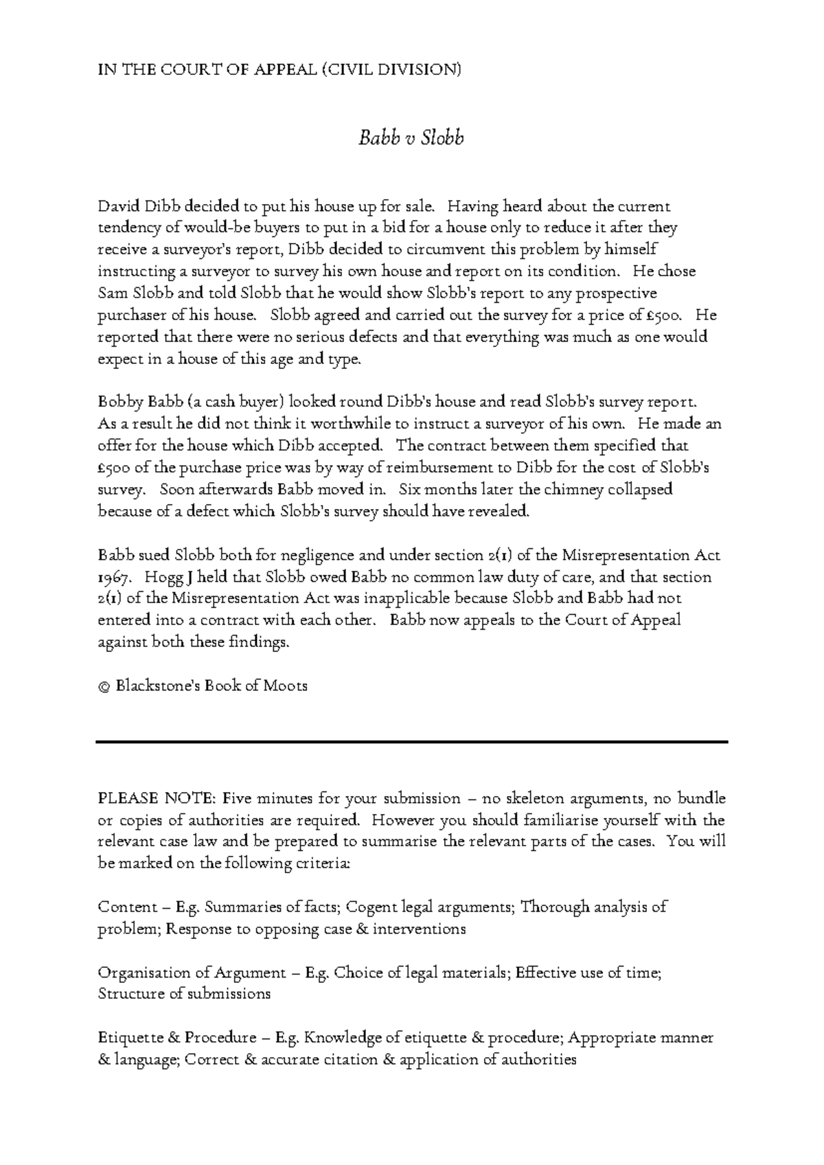 Babb v Slobb - IN THE COURT OF APPEAL (CIVIL DIVISION) Babb v Slobb ...