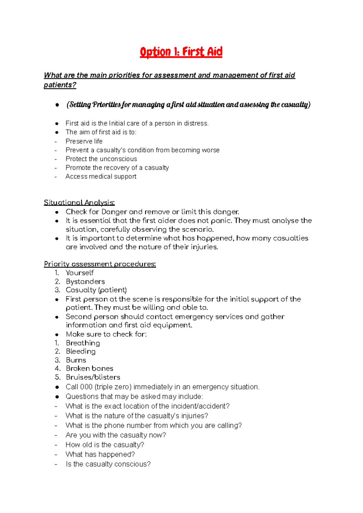 First Aid and Fitness choices - Option 1: First Aid What are the main ...