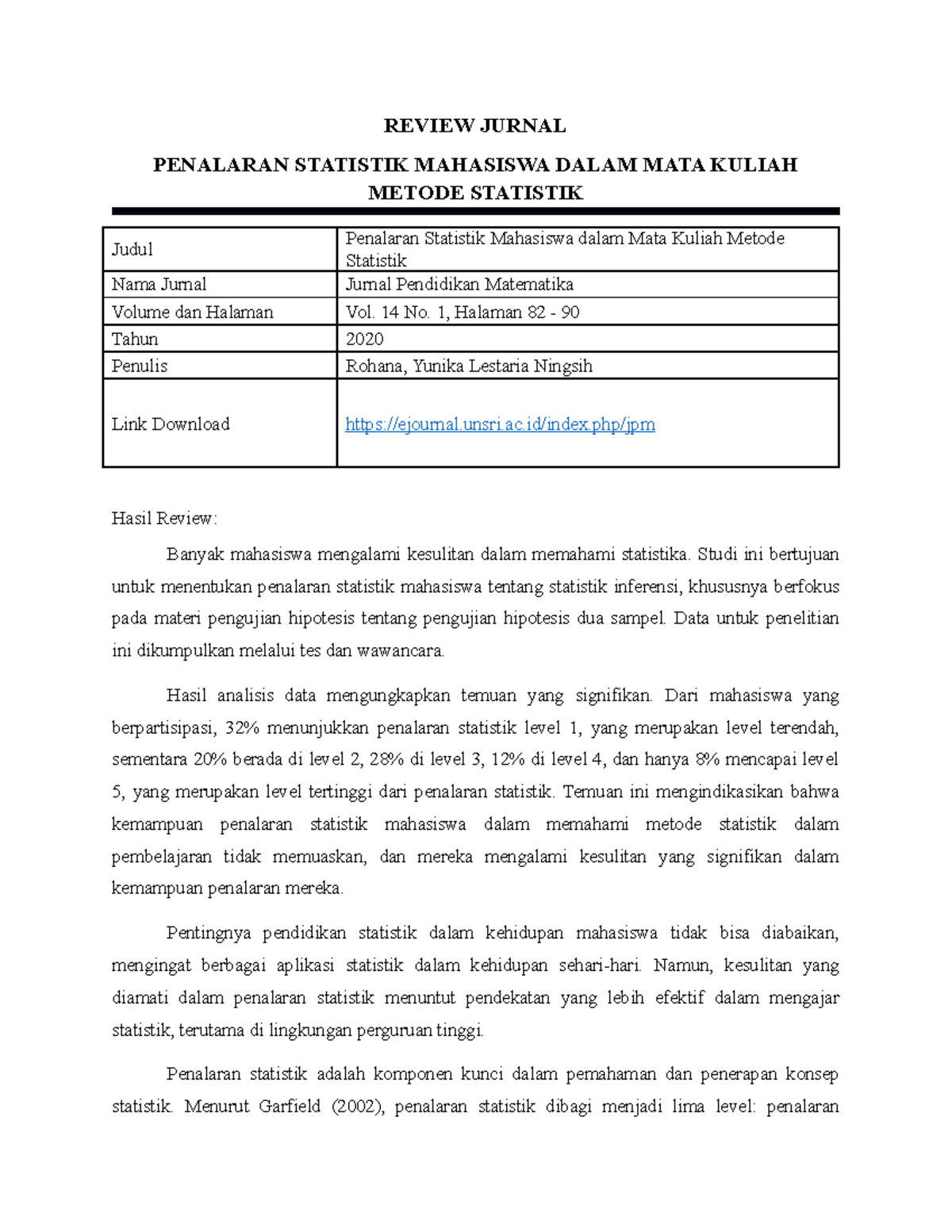 Review Jurnal Statistik 2 - REVIEW JURNAL PENALARAN STATISTIK MAHASISWA ...