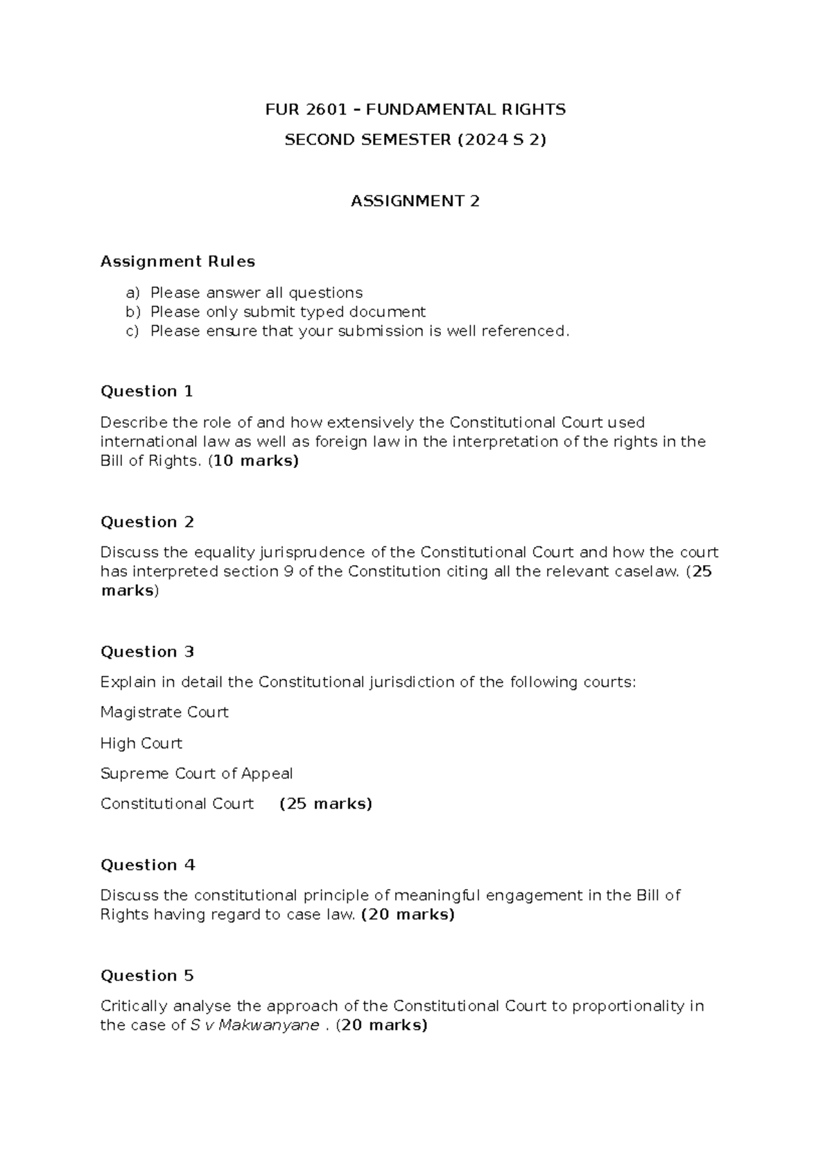 FUR 2601 S 2 [Assignment 2] - FUR 2601 – FUNDAMENTAL RIGHTS SECOND ...