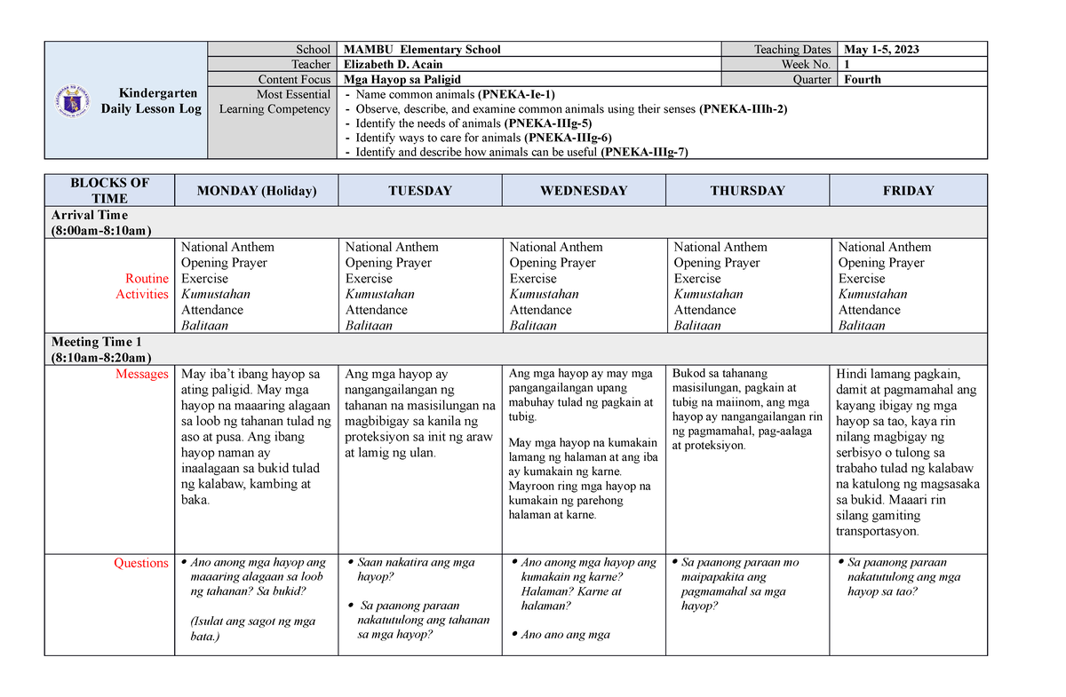 Kindergarten Dll Melc Q4 Week 1 Asf Kindergarten Daily Lesson Log School Mambu Elementary 8653