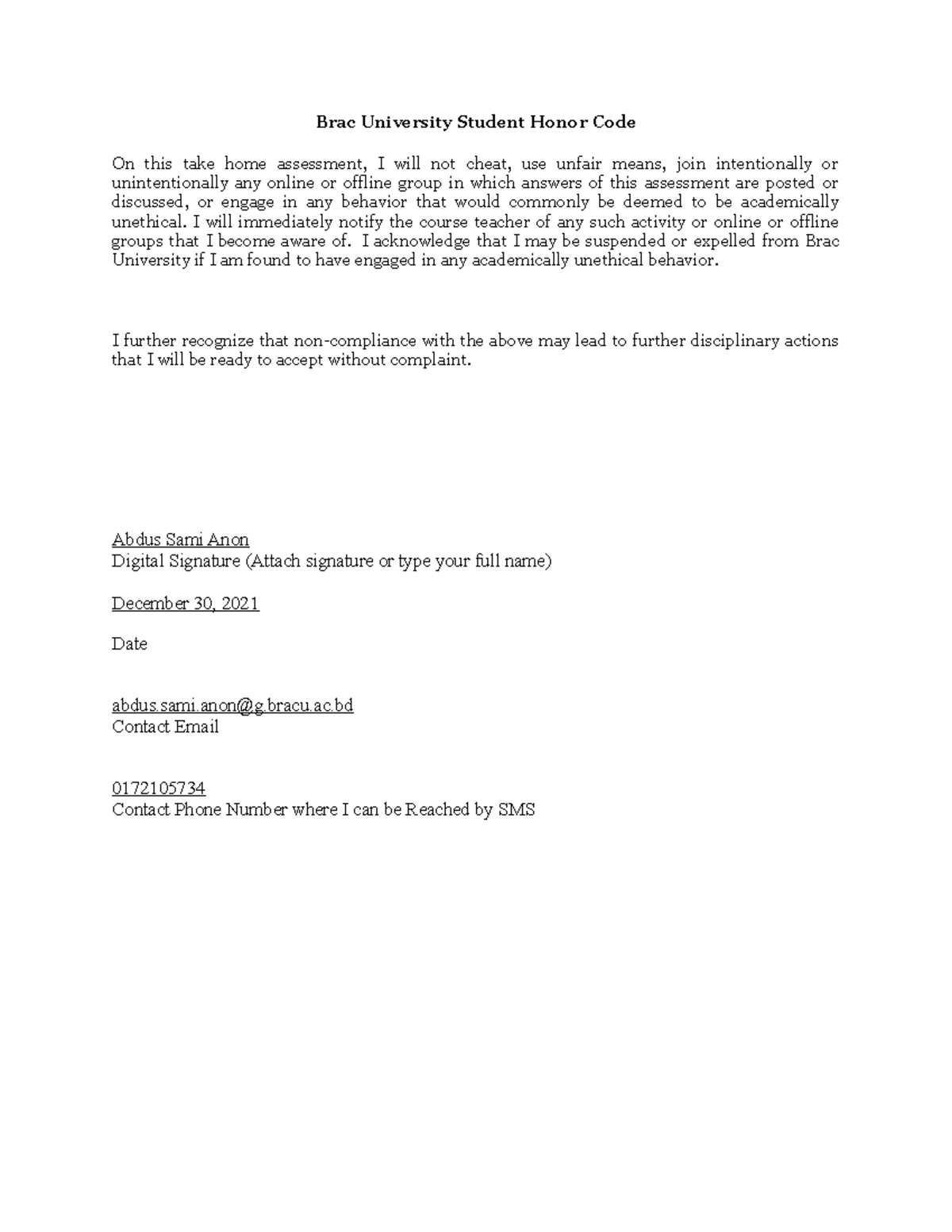 Brac University Student Honor Code - I will immediately notify the ...