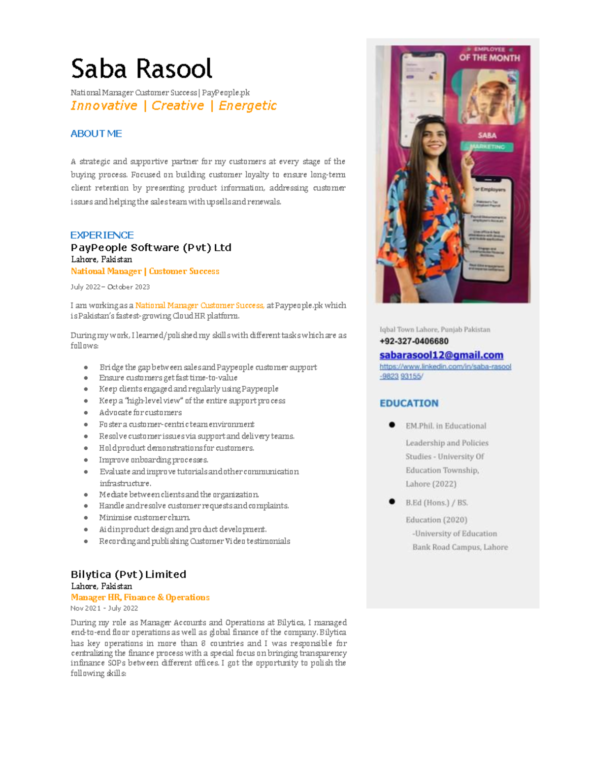 Saba Rasool Cv - Customer Support - HR- Opeations - Finance - Saba ...