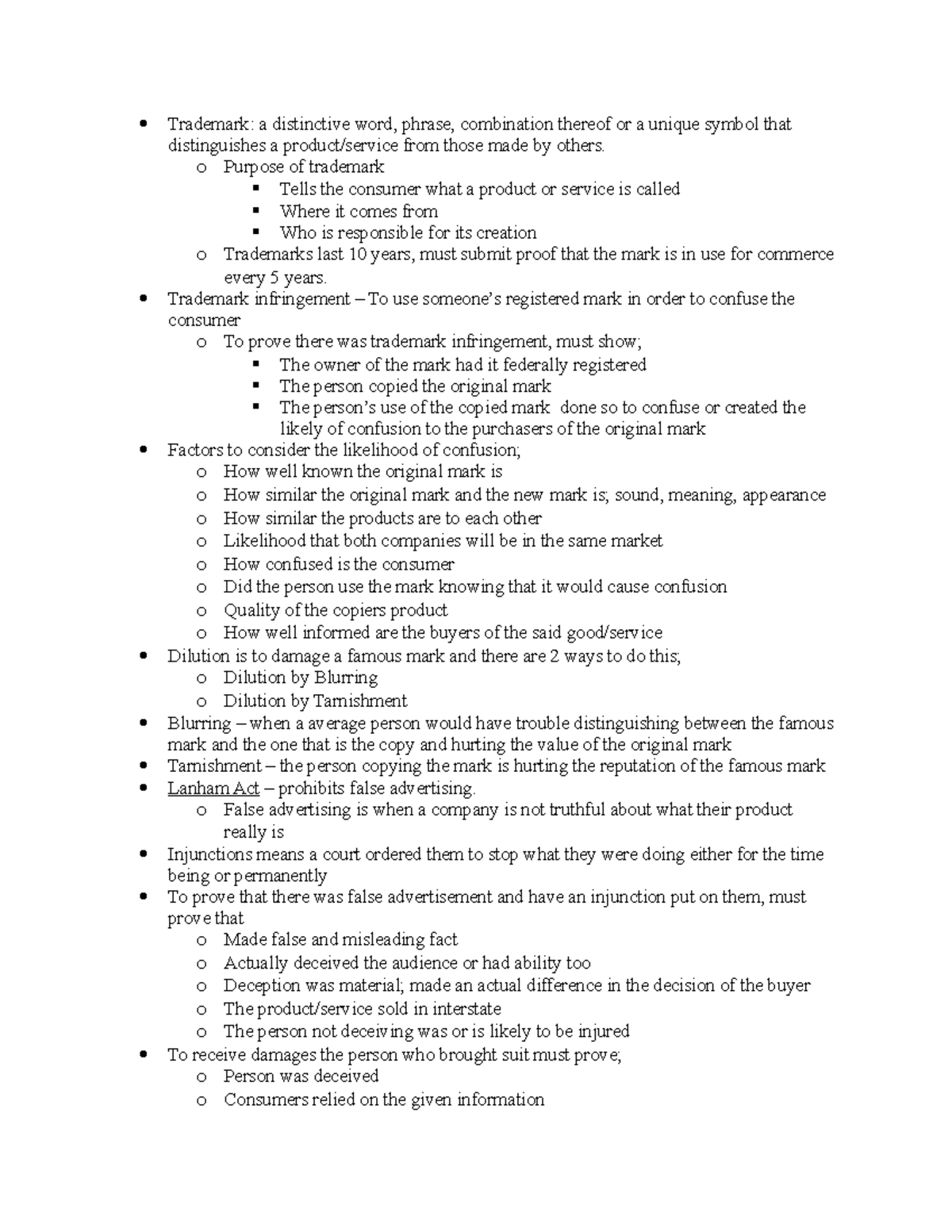 Marketing Law Notes A1 Trademark Law, Dilution, Tarnishment, Lanham Act Studocu