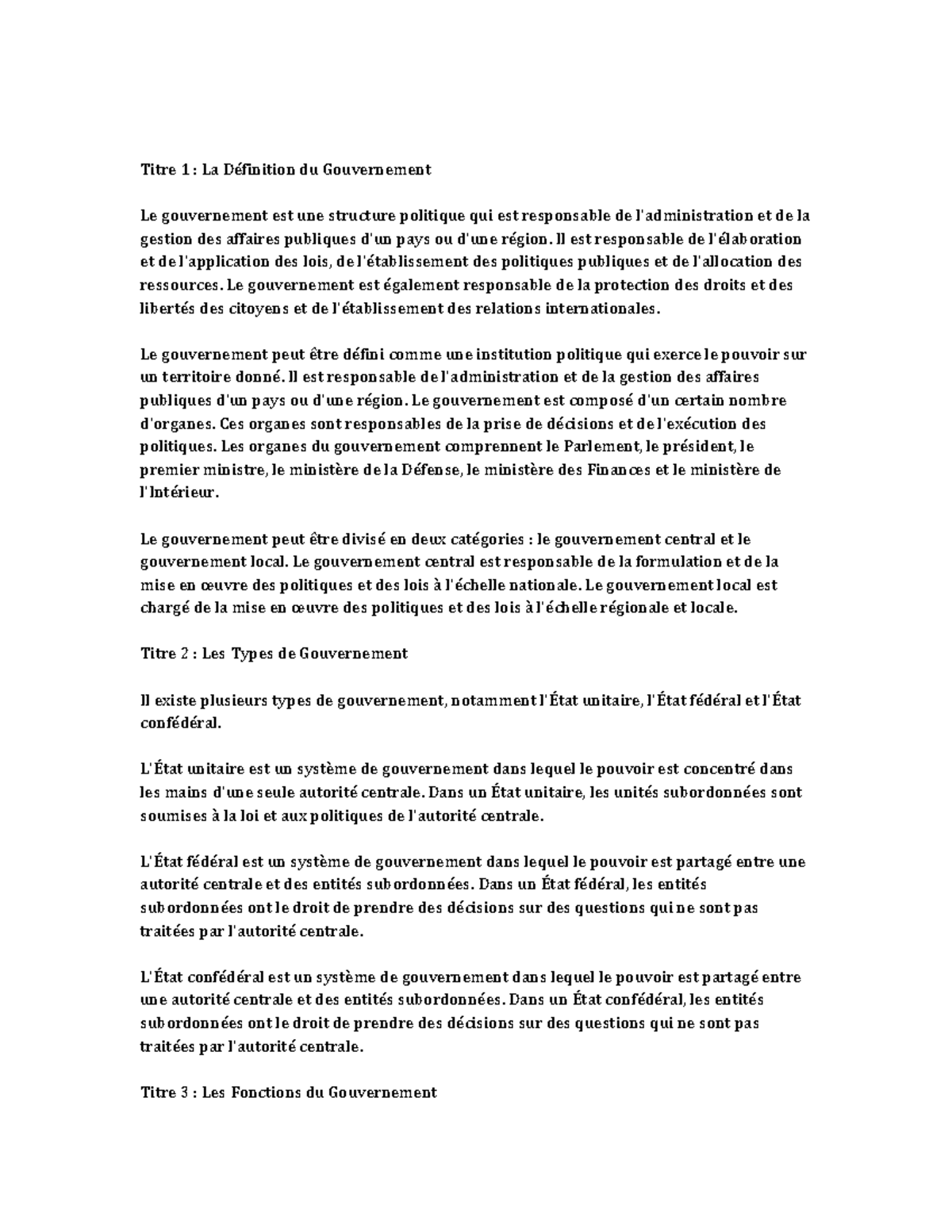Government Titre 1 La Définition du Gouvernement Le gouvernement