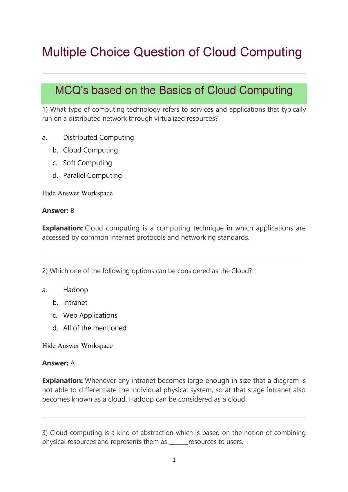 Multiple Choice Question Of Cloud Computing - Distributed Computing B ...