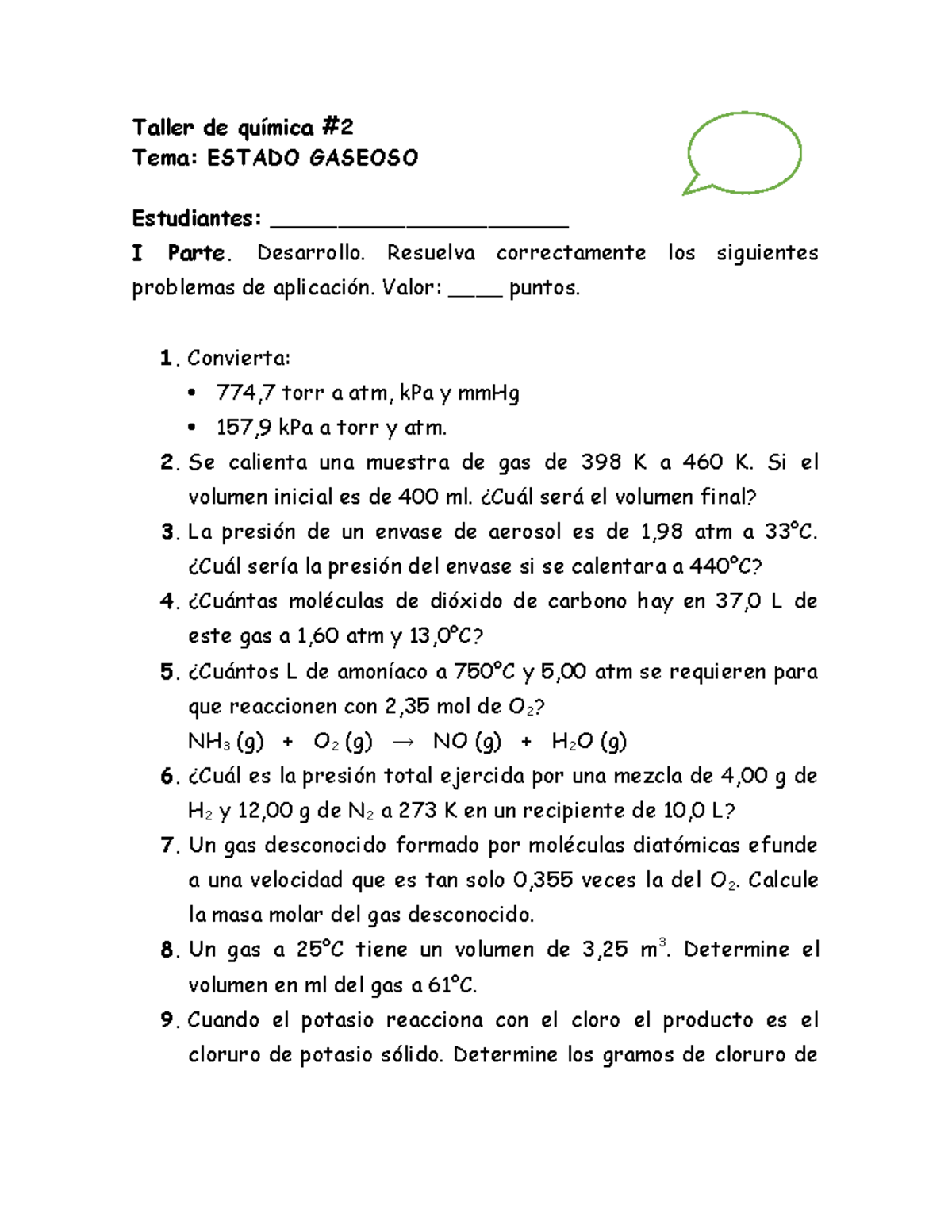 Taller 2 Estado Gaseoso - Taller De Química # Tema: ESTADO GASEOSO ...