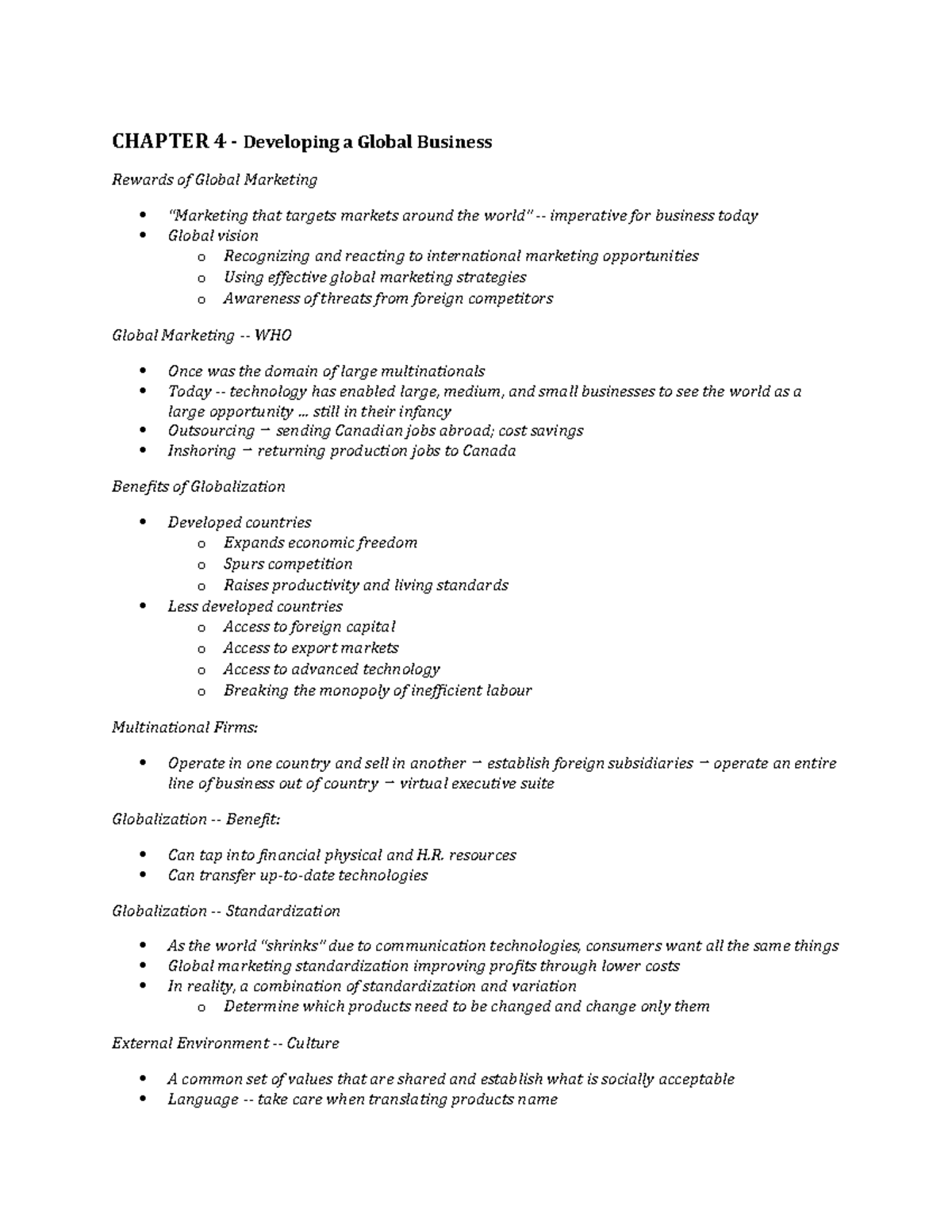 Chapter 4 - RYERSON MKT 100 - CHAPTER 4 - Developing a Global Business ...