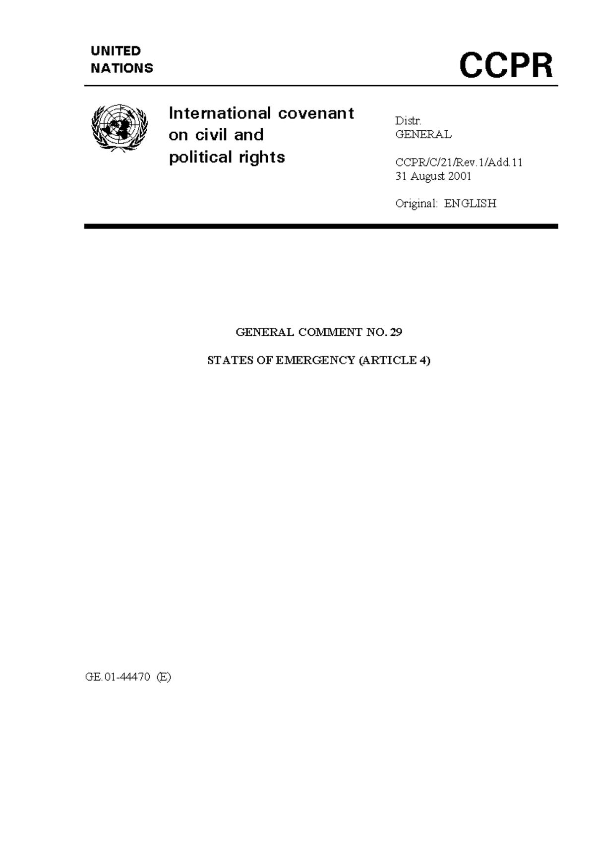 General comment on art 4 of Iccpr - UNITED NATIONS CCPR International ...