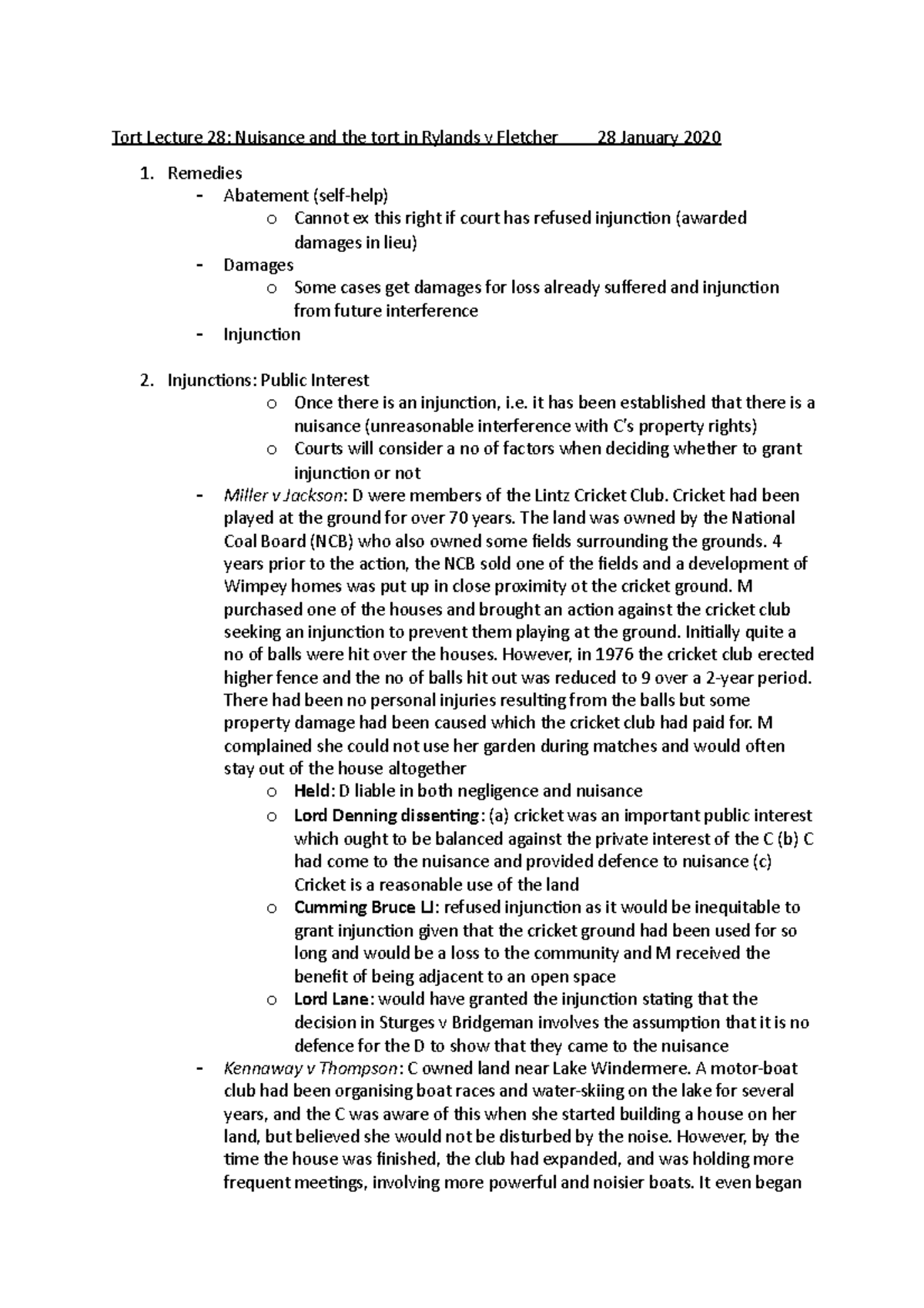 Tort Lecture 28 - Nuisance and the tort in Rylands v Fletcher - it has ...