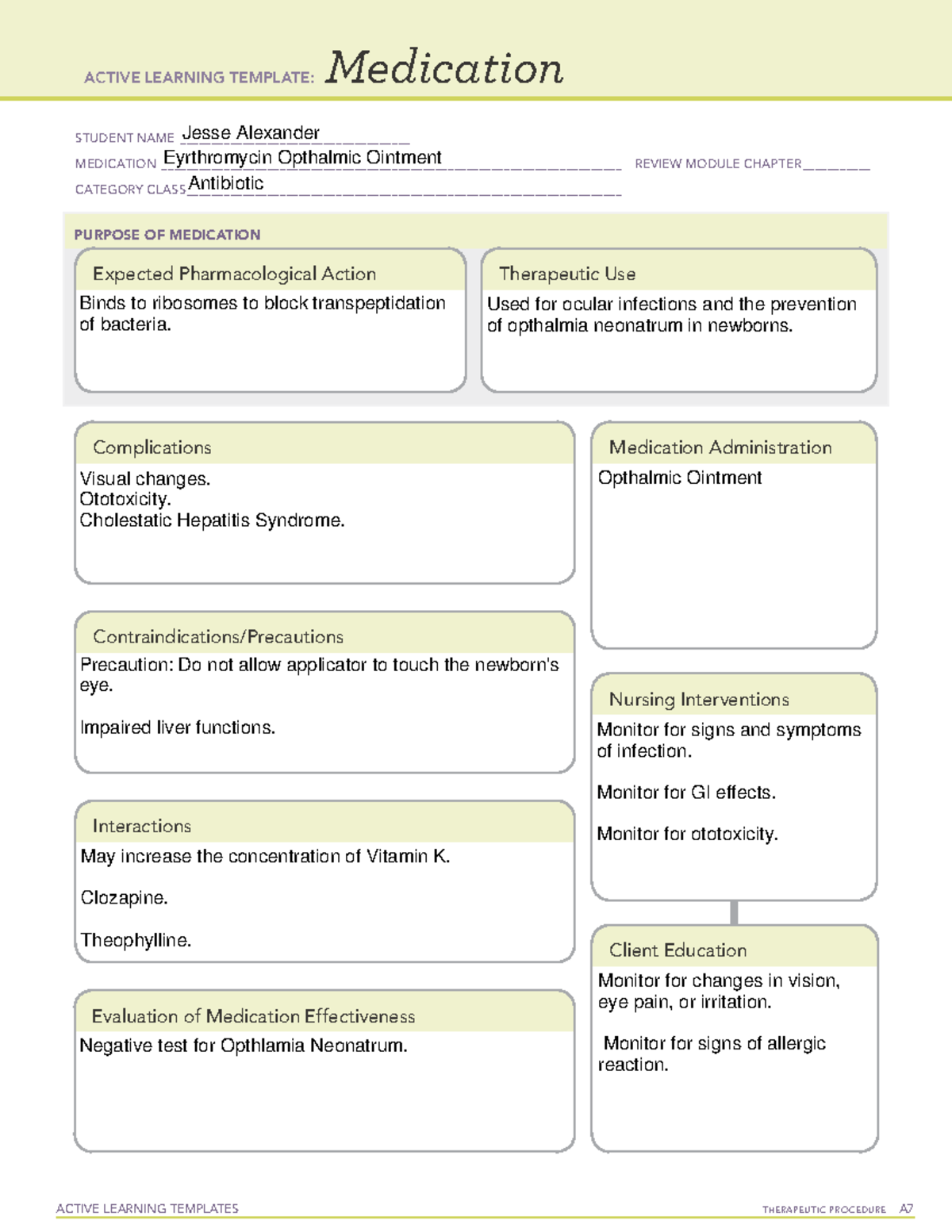 MED CARD Erythromycin, Jesse Alexander ACTIVE LEARNING TEMPLATES