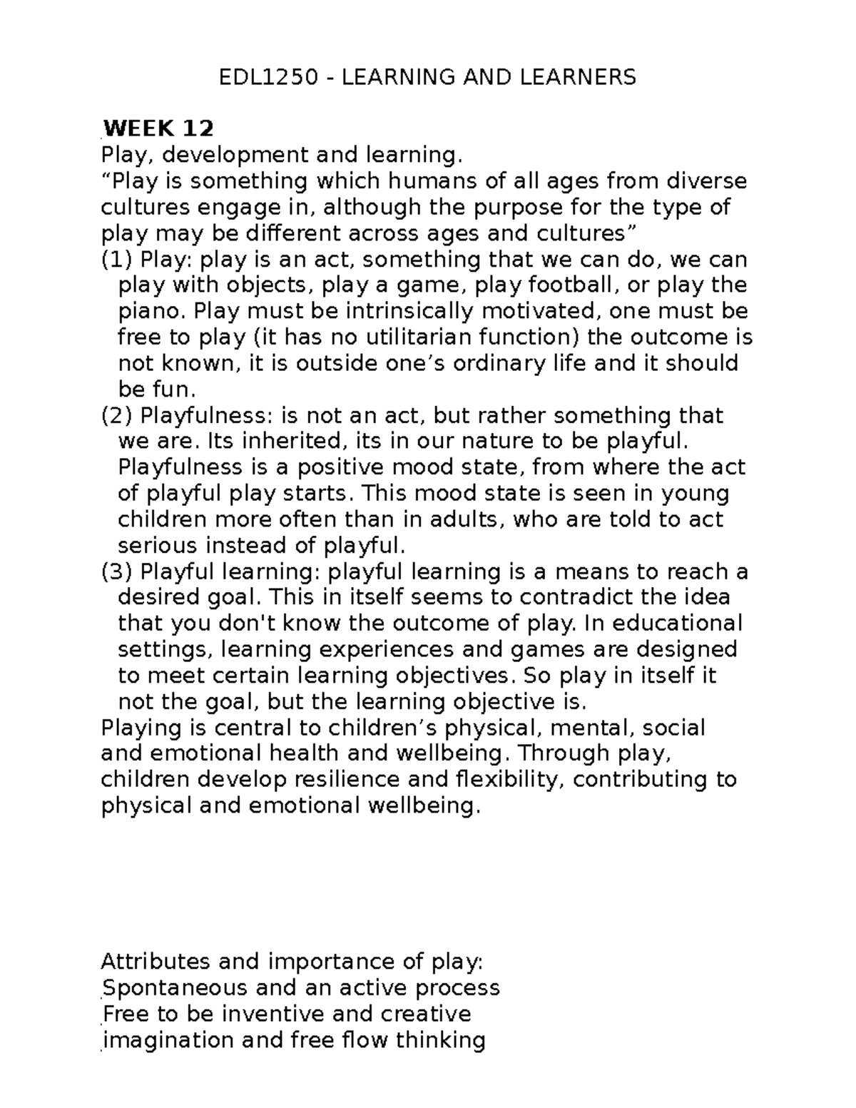 EDL1250 week 12 - Lecture notes 12 - EDL1250 LEARNING AND LEARNERS WEEK ...