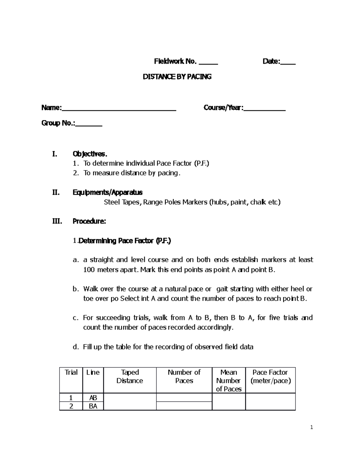 Distance-by-Pacing - Civil Engineering - Fieldwork No. _____ Date ...