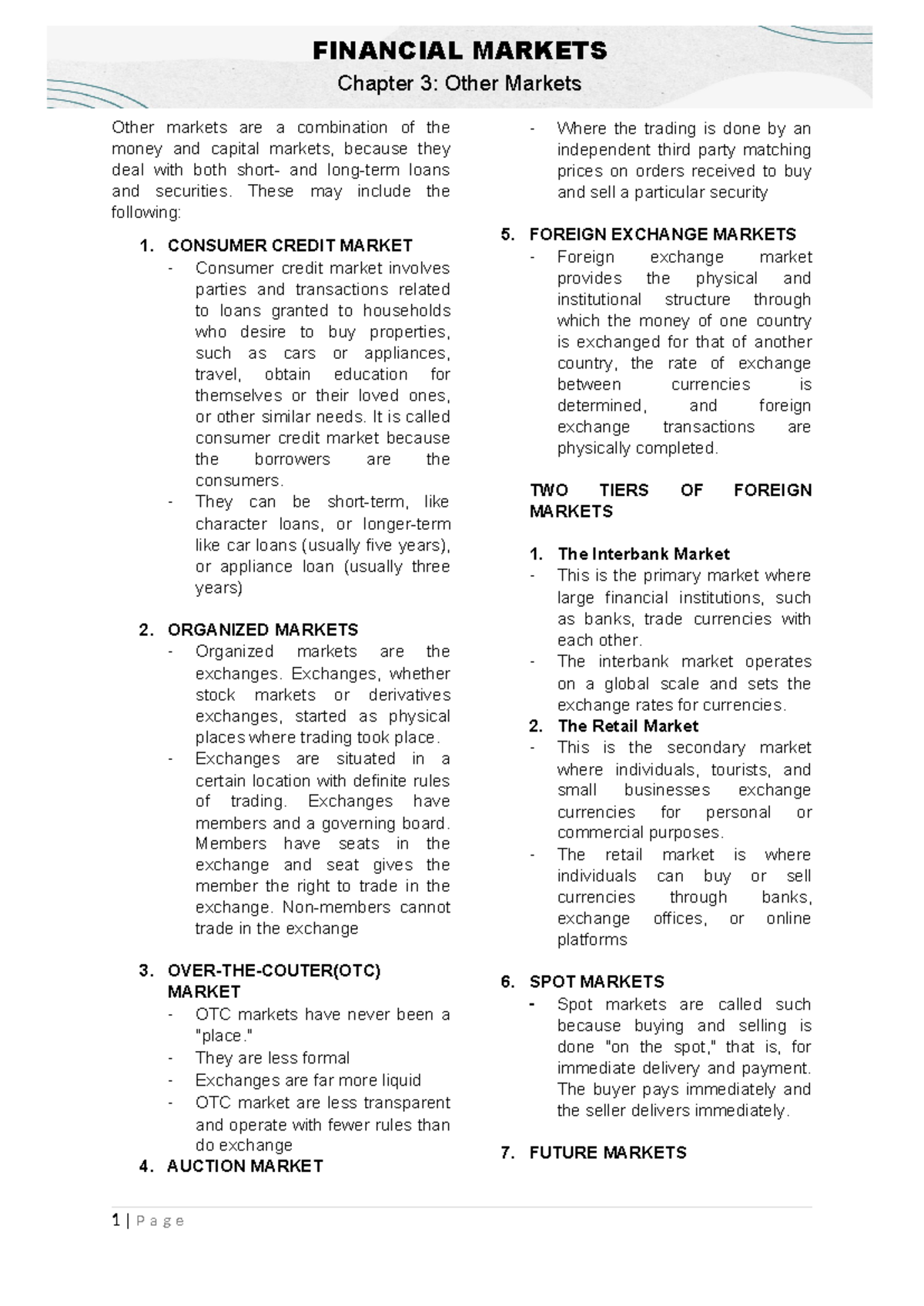 Fm-other-markets - this is a note only - FINANCIAL MARKETS Chapter 3 ...