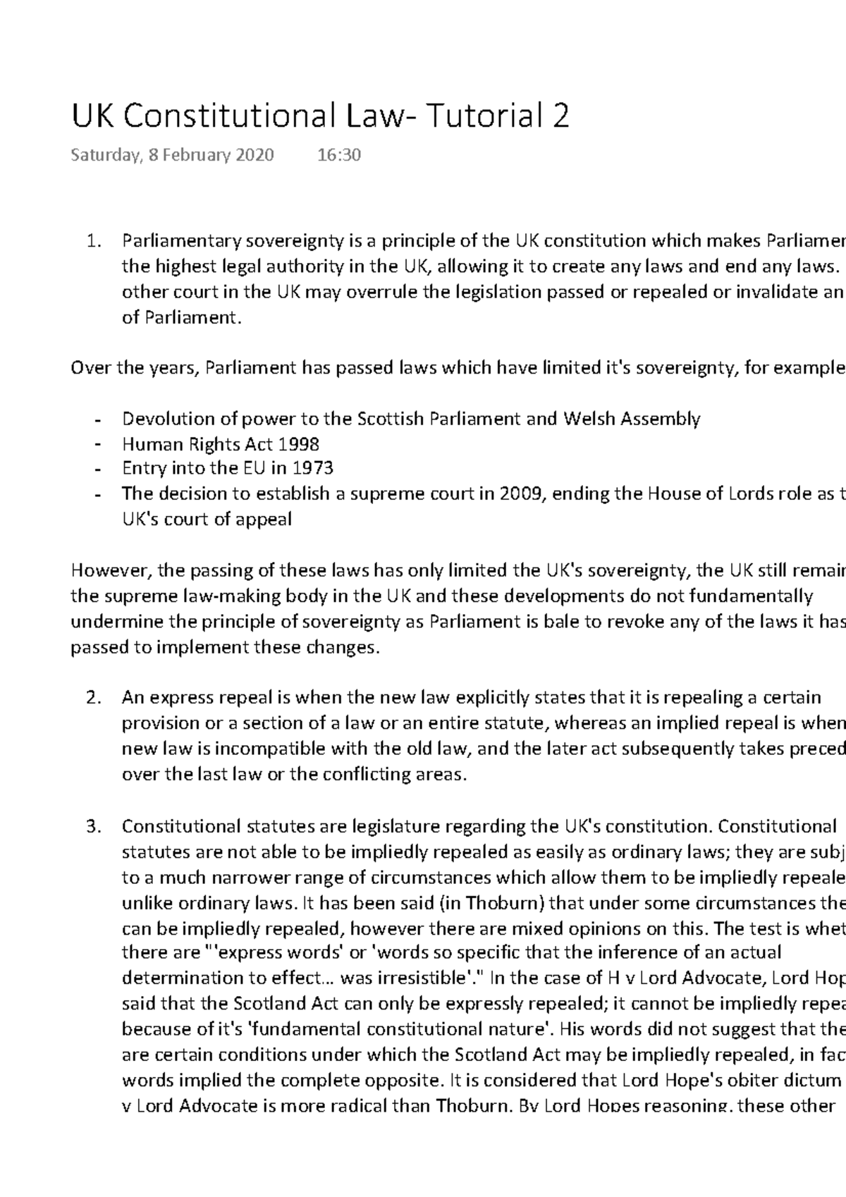 UK Constitutional Law- Tutorial 2 - Parliamentary Sovereignty Is A ...