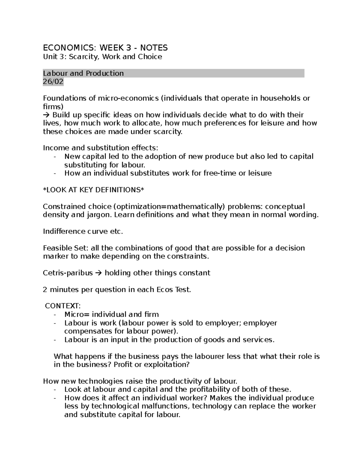 Economics Week 3 - ECONOMICS: WEEK 3 - NOTES Unit 3: Scarcity, Work and ...