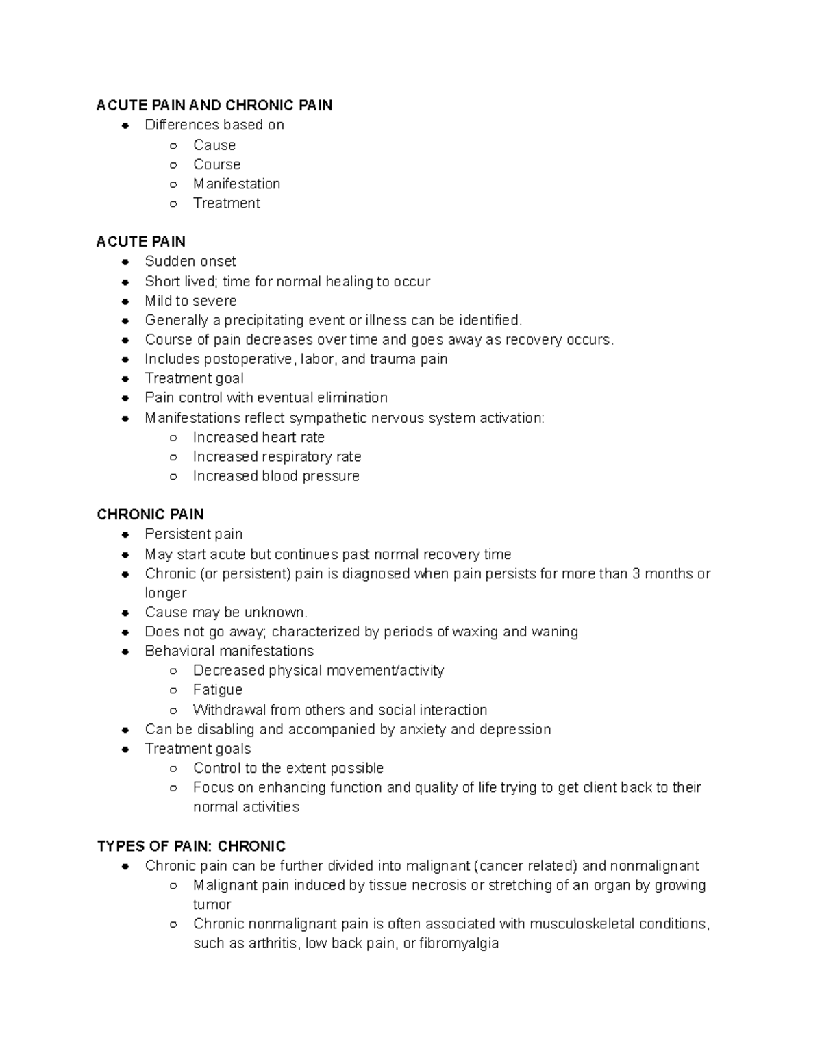 HA Notes 4 - ACUTE PAIN AND CHRONIC PAIN Differences based on Cause ...