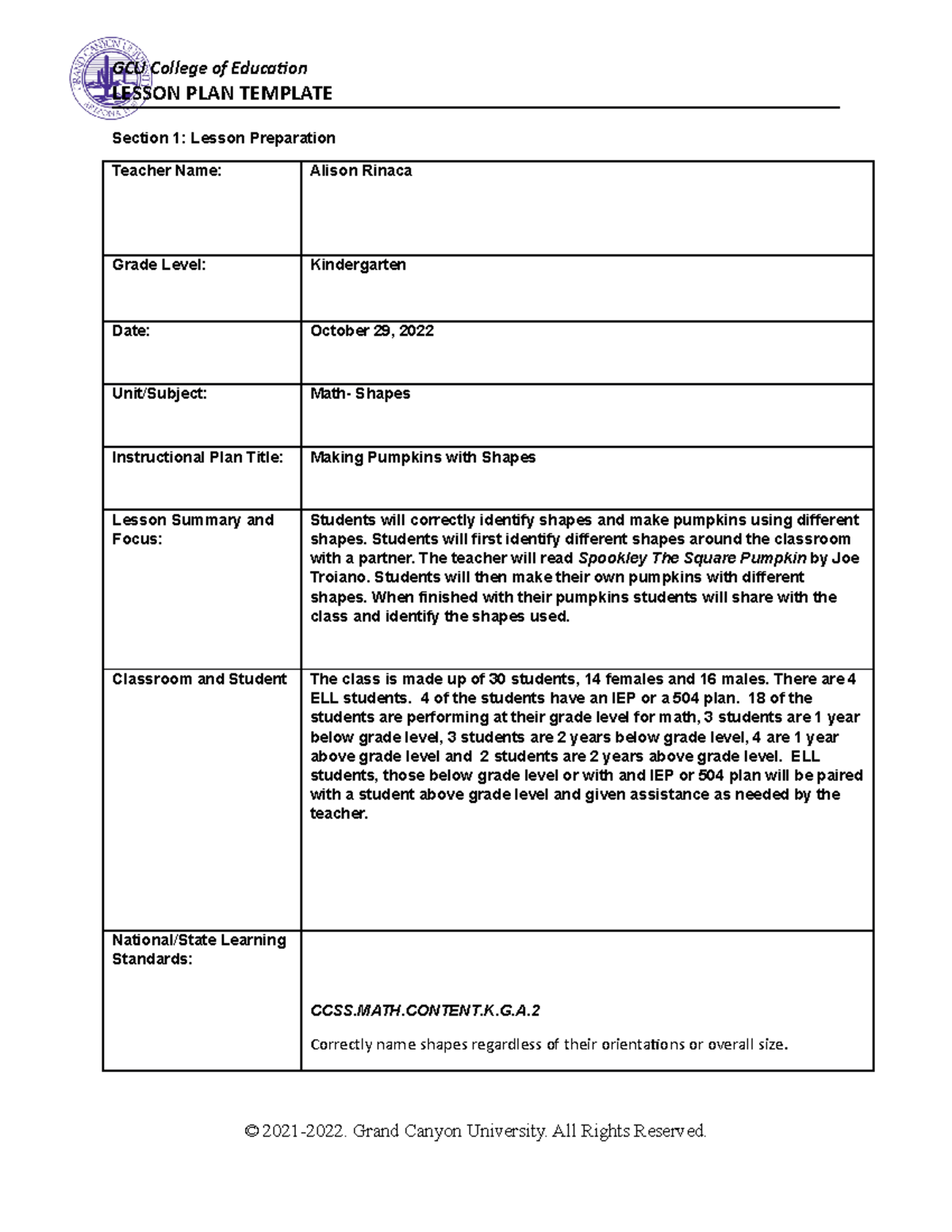 470 LP 1 - Lesson plan assignment on shapes. Lesson is created based on ...