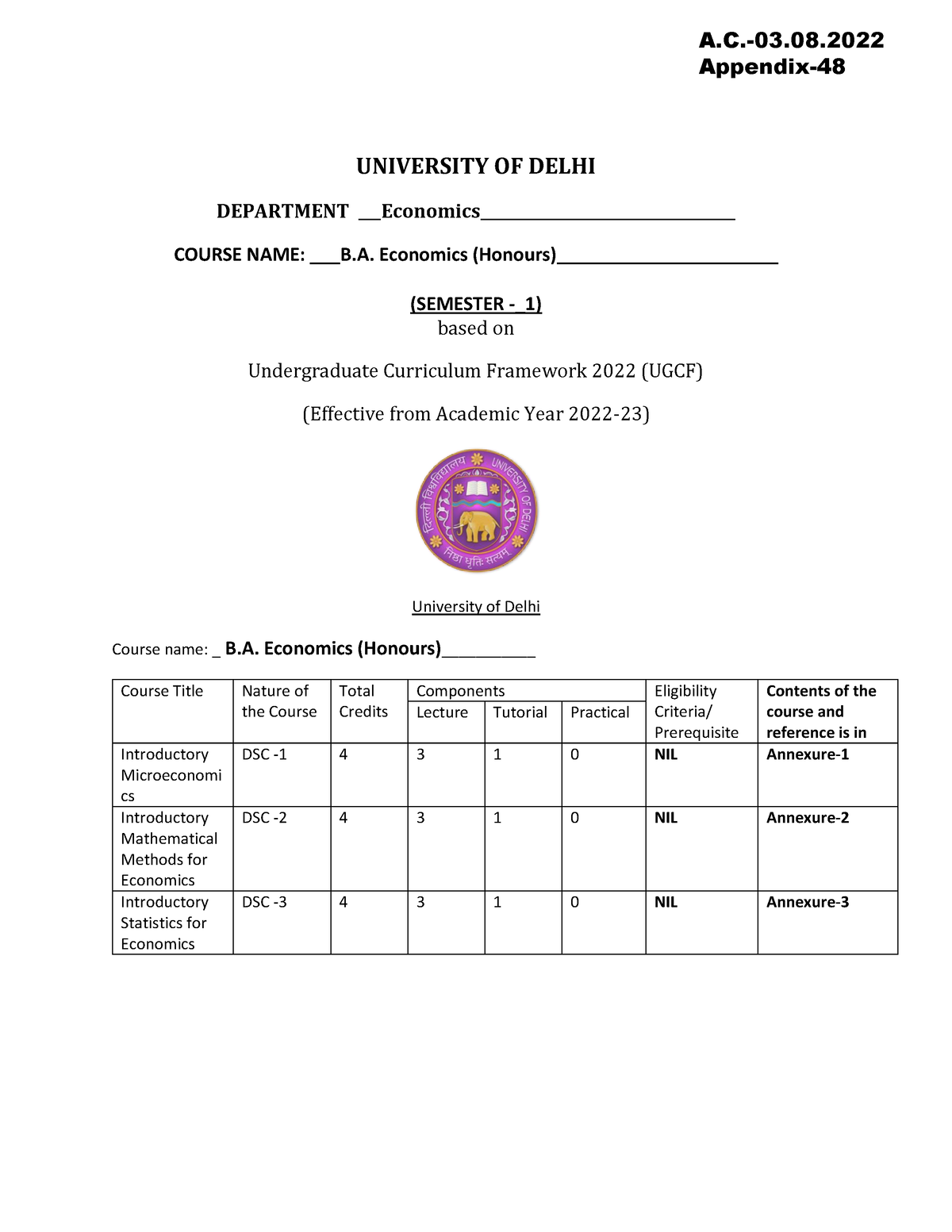 BA Hons Eco Syllabus 2022-23 - UNIVERSITY OF DELHI DEPARTMENT - Studocu