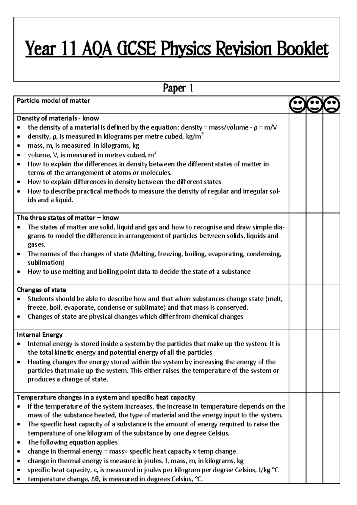 02 AQA Year 11 Physics Revision Checklist - Year 1 1 AQA GCSE Physics ...