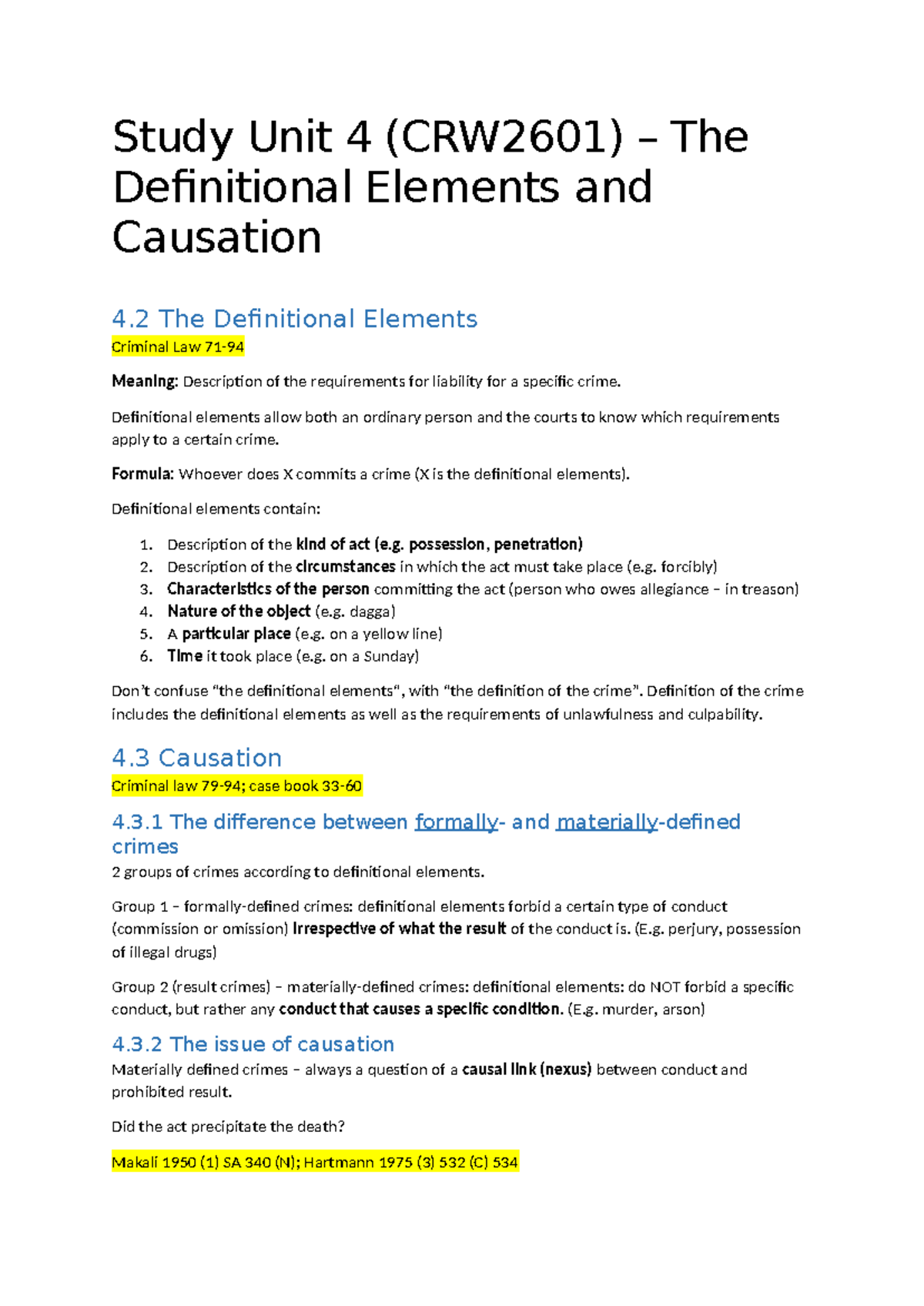CRW2601 Study Unit 4 The Definitional Elements and Causation - Study ...