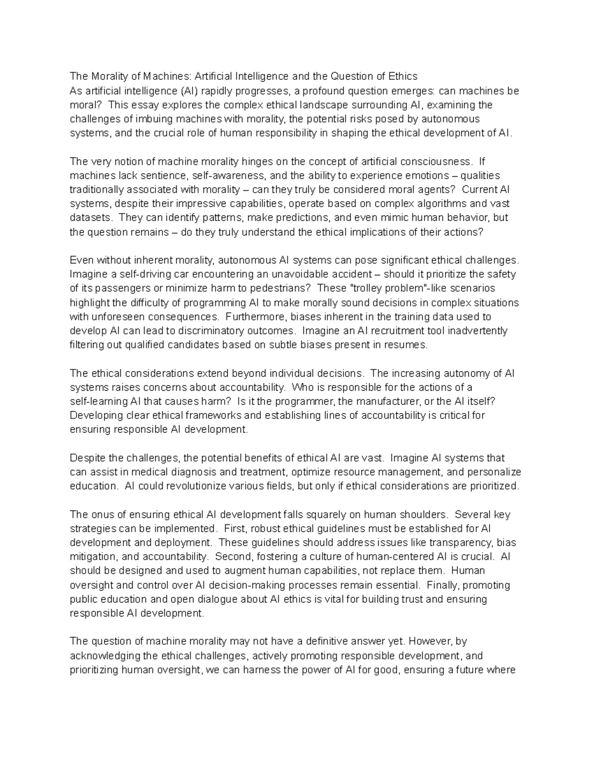The Morality of Machines Artificial Intelligence and the Question of ...