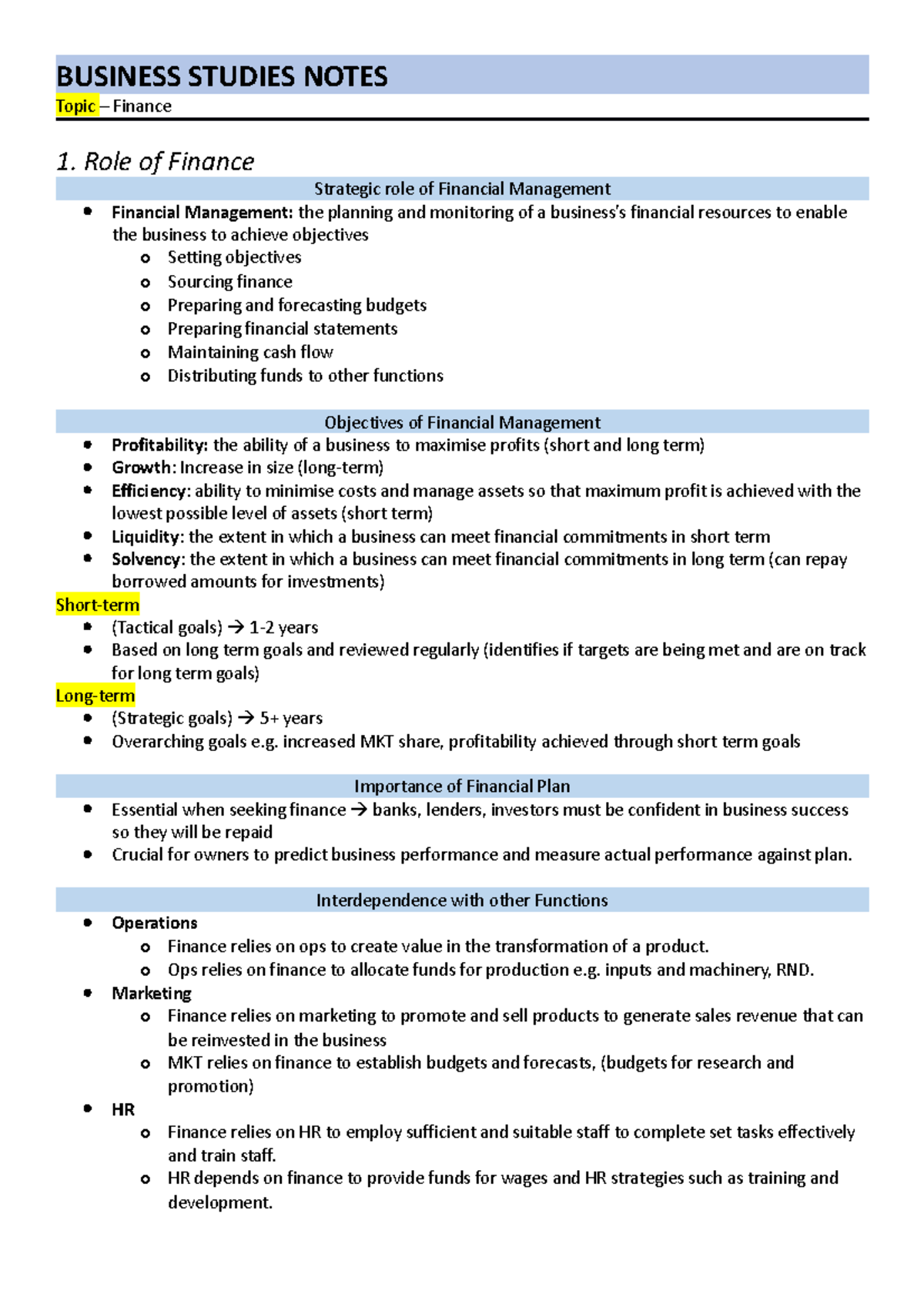 HSC Business Studies Notes - Finance - BUSINESS STUDIES NOTES Topic ...