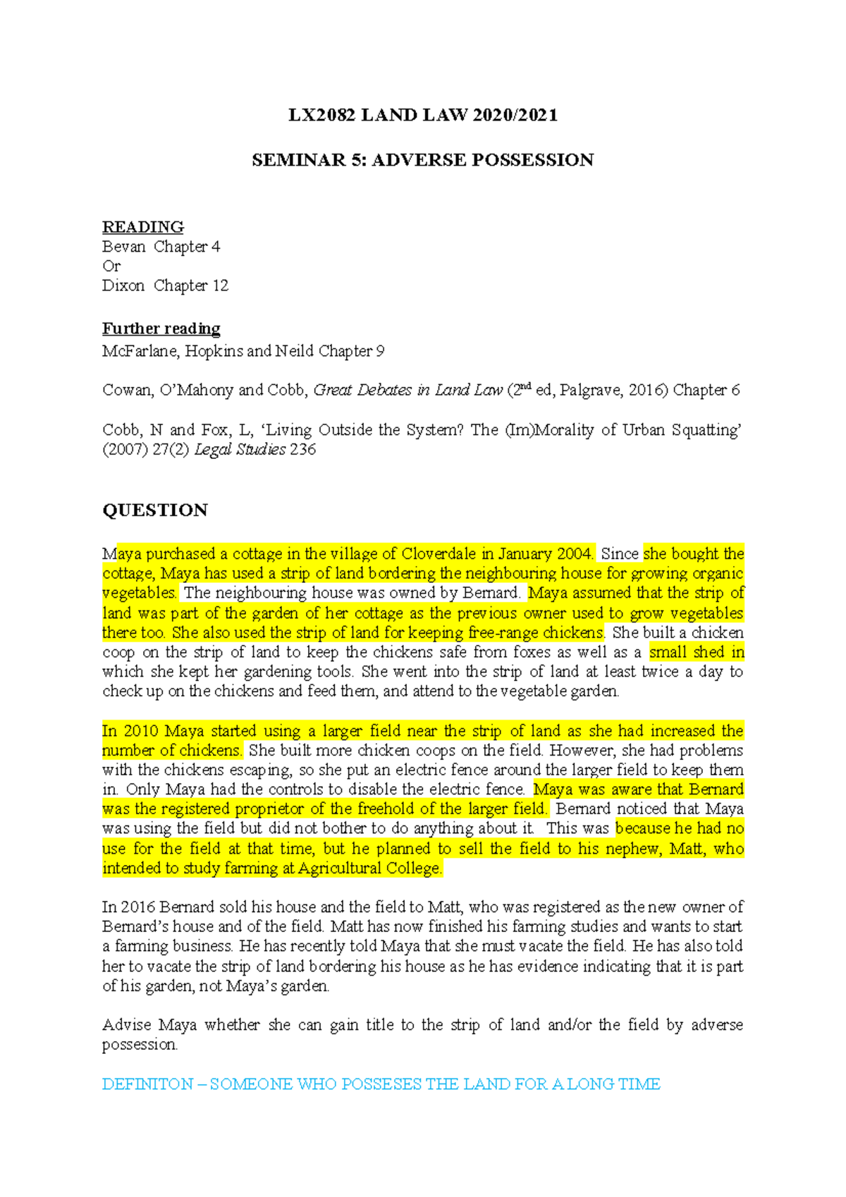 LX2082 Seminar 5 Adverse Possession 2020-21 - LX2082 LAND LAW 2020 ...