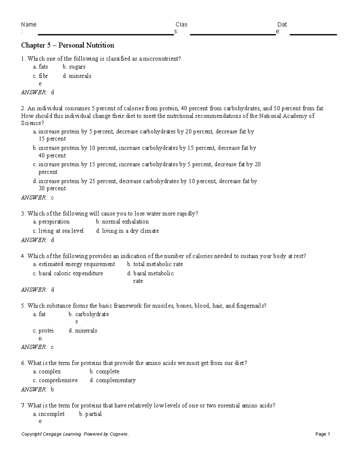 Chapter 5 Personal Nutrition - : S: E: Chapter 5 – Personal Nutrition ...