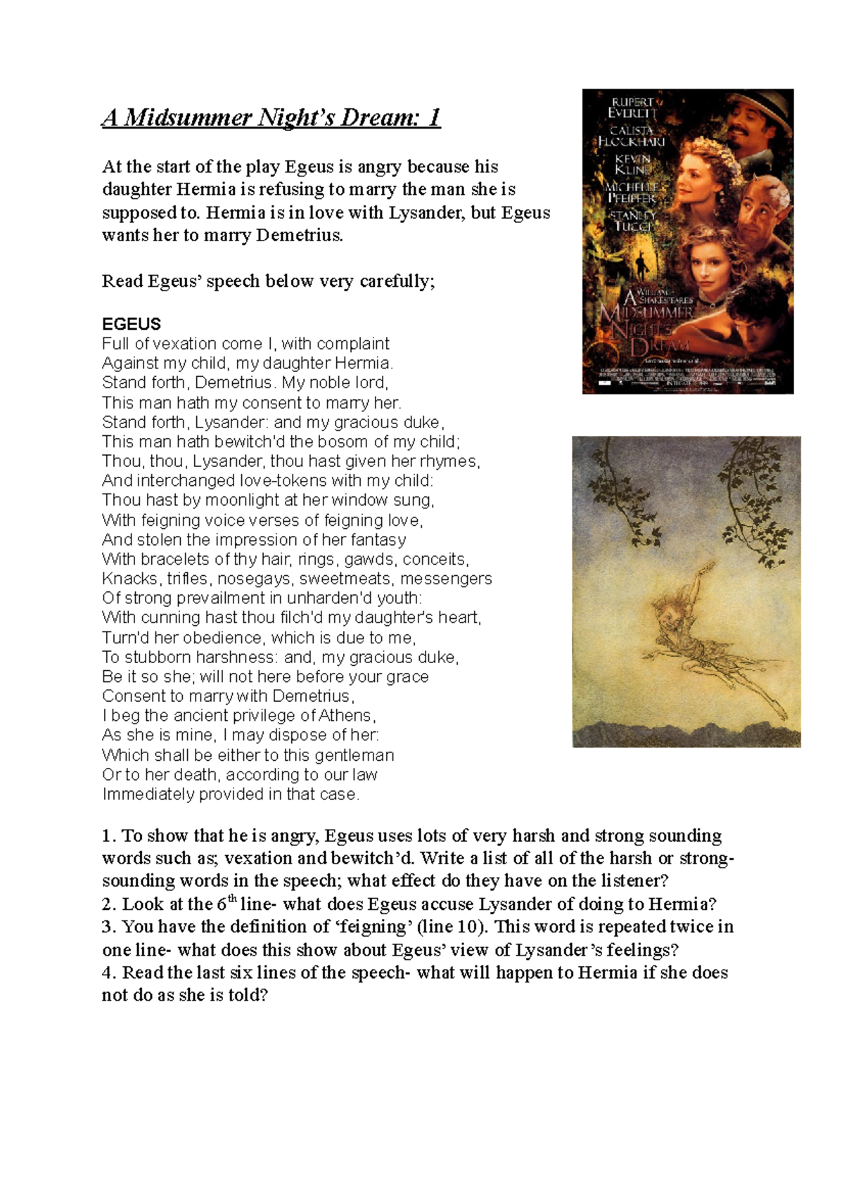 L3 Egeus Worksheet - Shakespeare revision / notes - A Midsummer Night’s ...