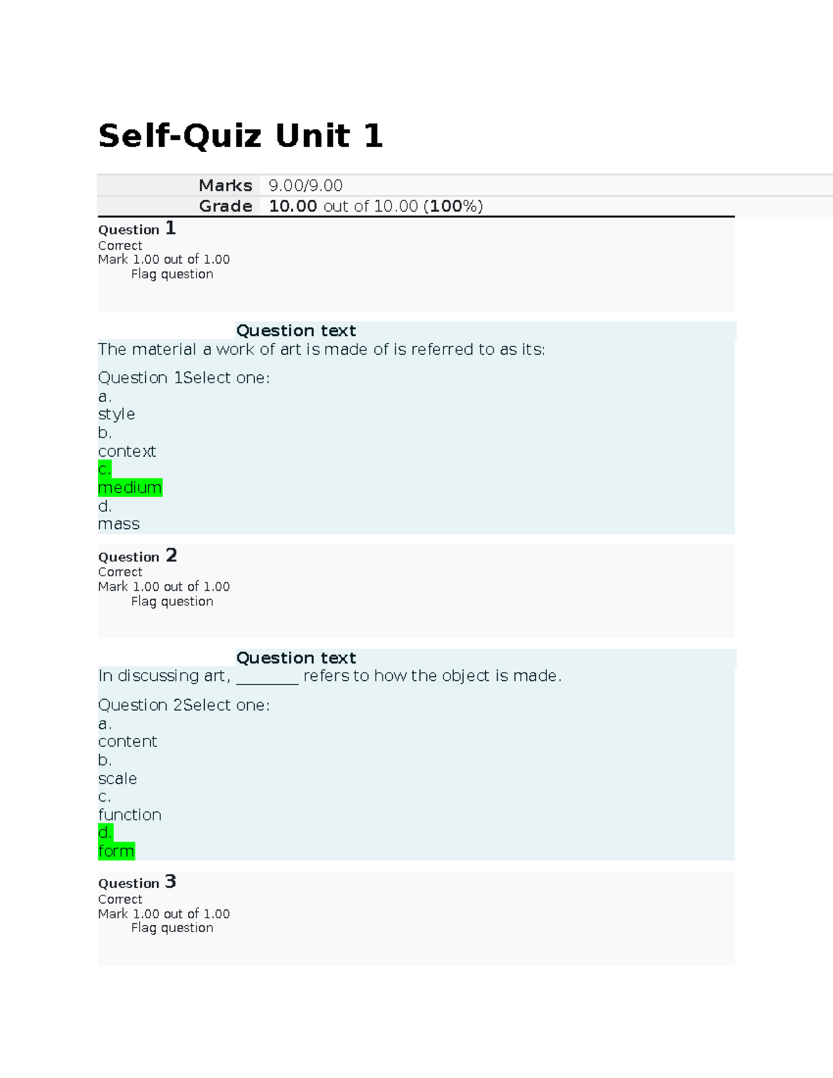 Self Quiz Unit 1 - Answers - Self-Quiz Unit 1 Marks 9/9. Grade 10 Out ...