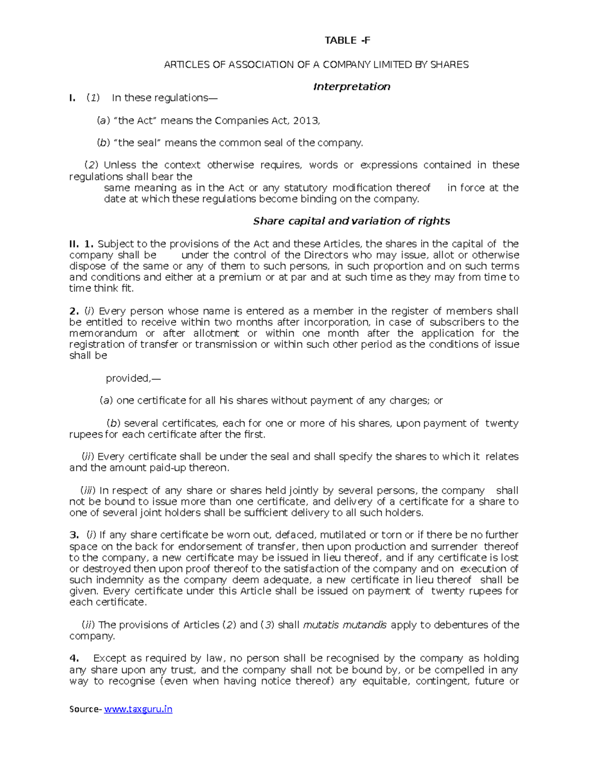 Format of AOA per Companies Act 2013 (Table-F (AOA of Co Ltd. by Shares ...