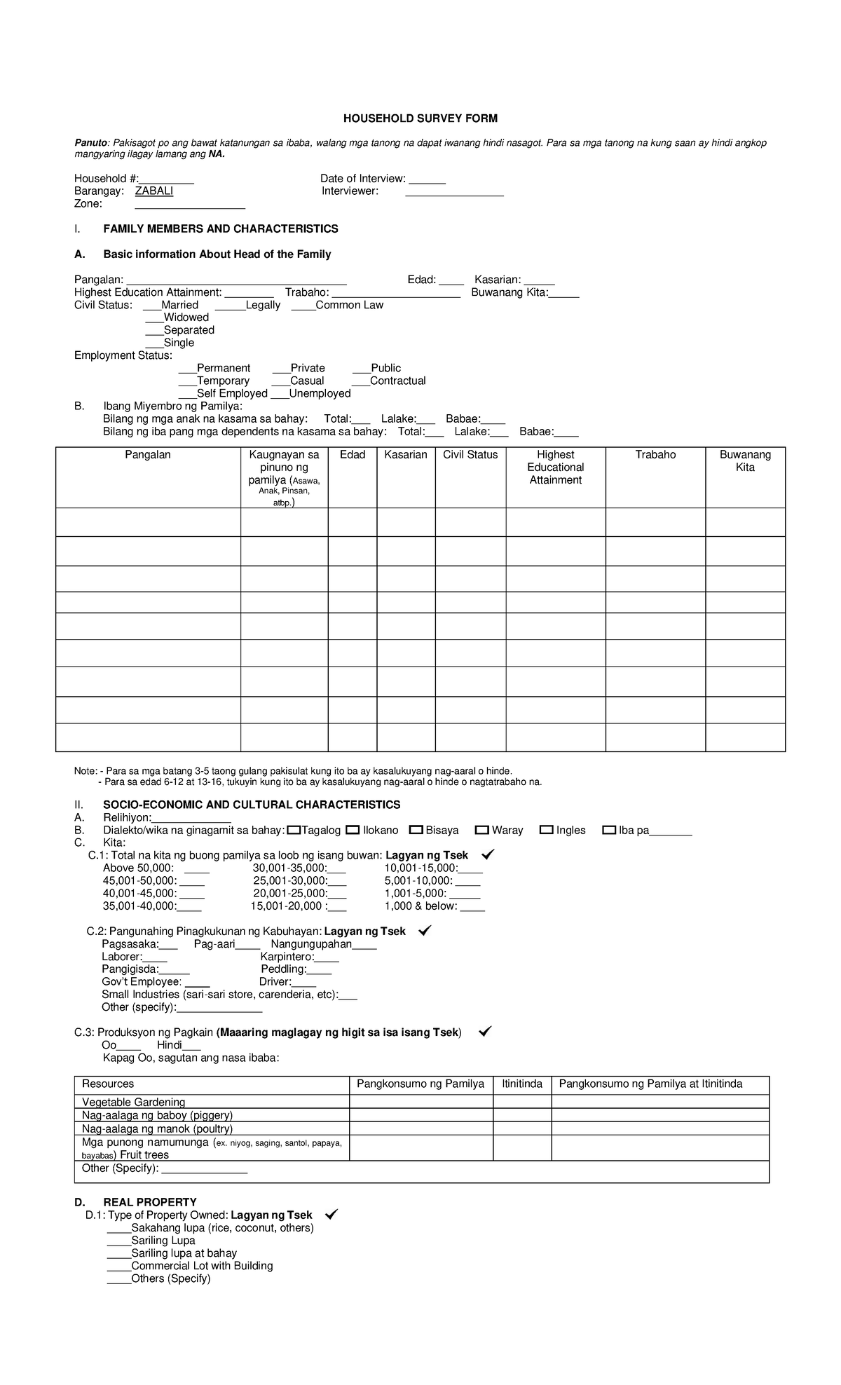 Survey Form Edited tagalog HOUSEHOLD SURVEY FORM Panuto Pakisagot