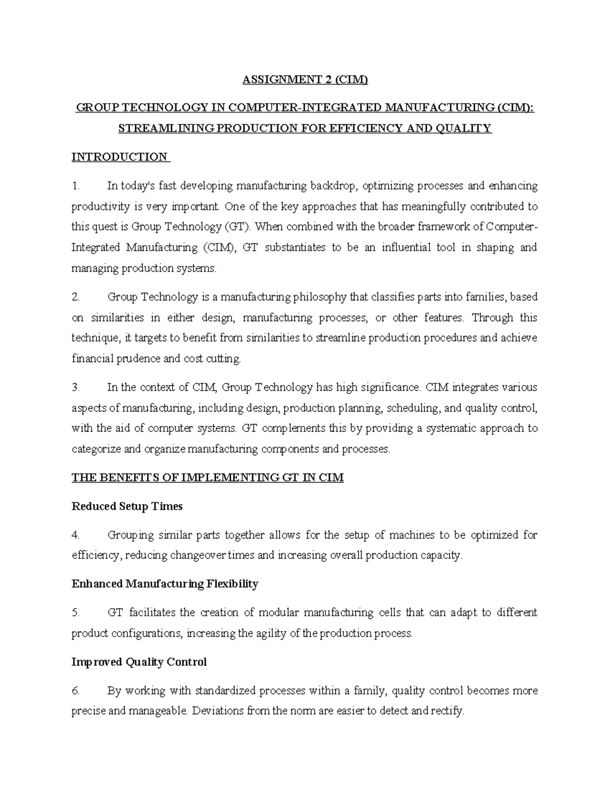 CIM 814 assignment 2 Computer integrated manufacturing ASSIGNMENT 2 (CIM) GROUP TECHNOLOGY