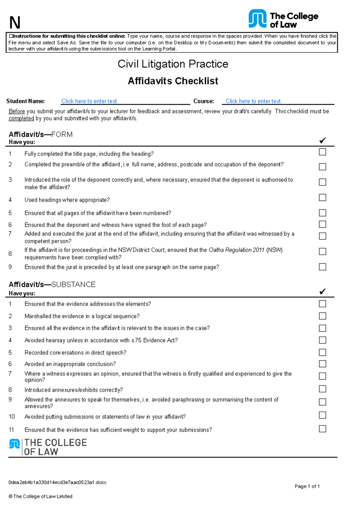 CL T2 A1 Affidavits Checklist NSW 2015 12 16 - N ☐Instructions for ...