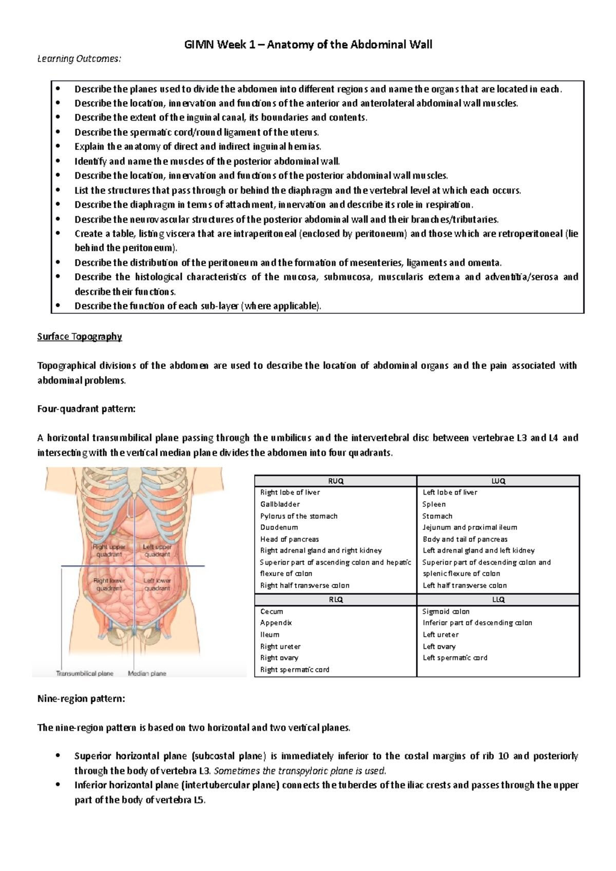 GIMN Week 1 Summary - Learning Outcomes: GIMN Week 1 Anatomy of the ...