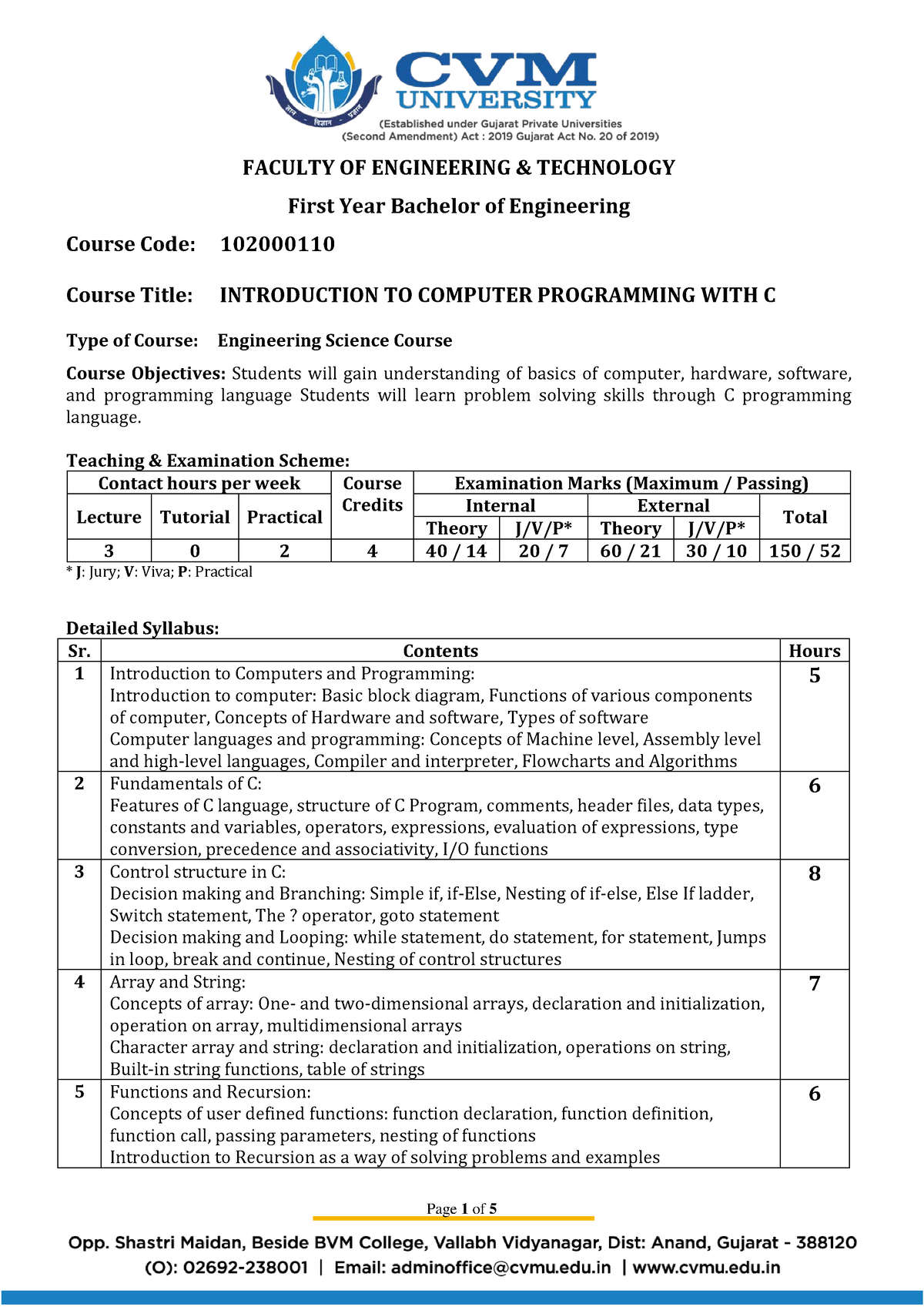 Syllabus of Introduction of c programming - FACULTY OF ENGINEERING ...