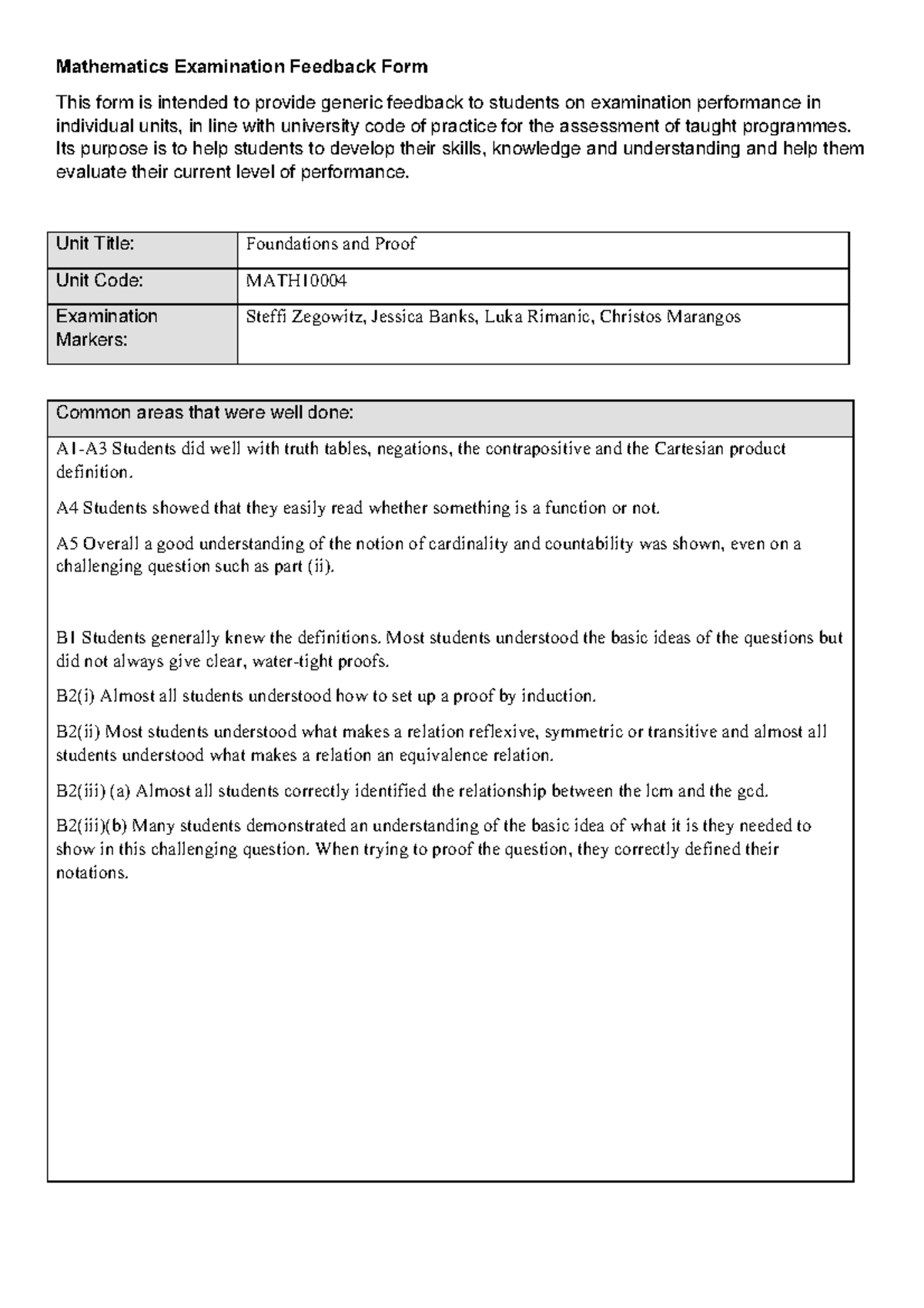 Foundations and proofs feedback 2018 - Mathematics Examination Feedback ...