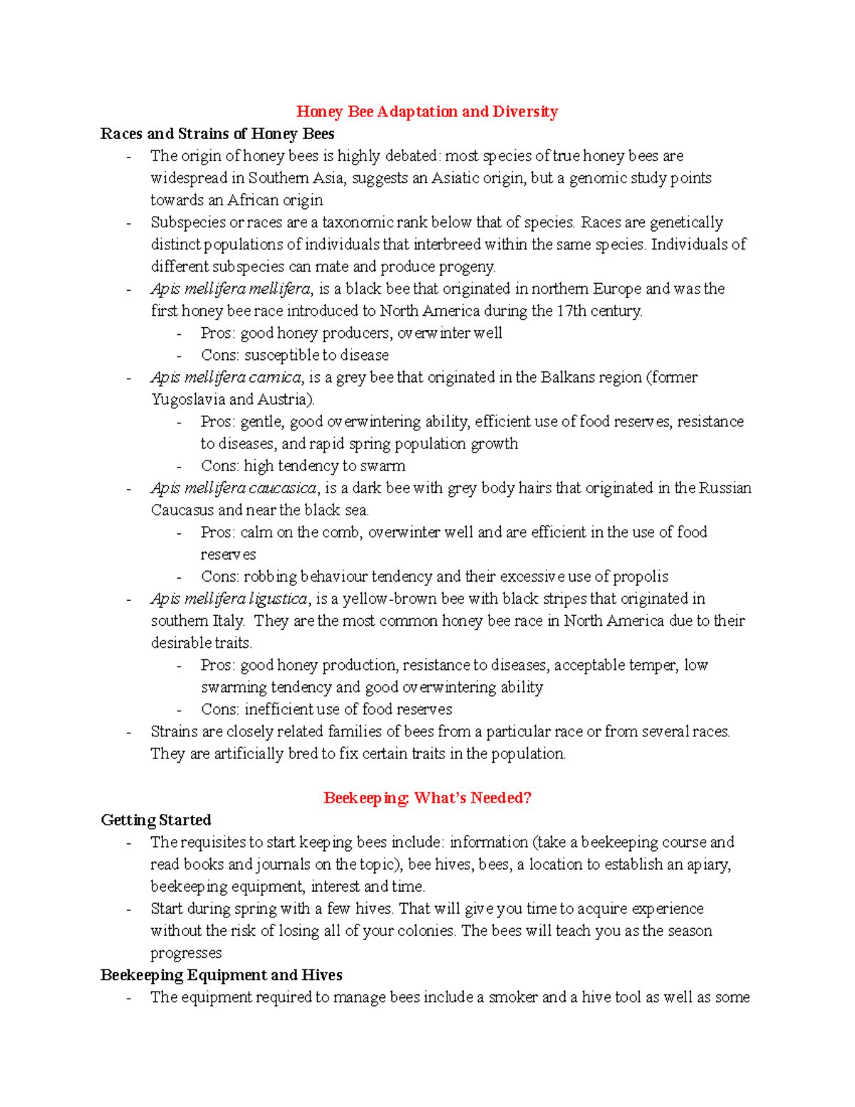 Honey Bee Biology 2 - Lecture notes 5-9 - Honey Bee Adaptation and ...