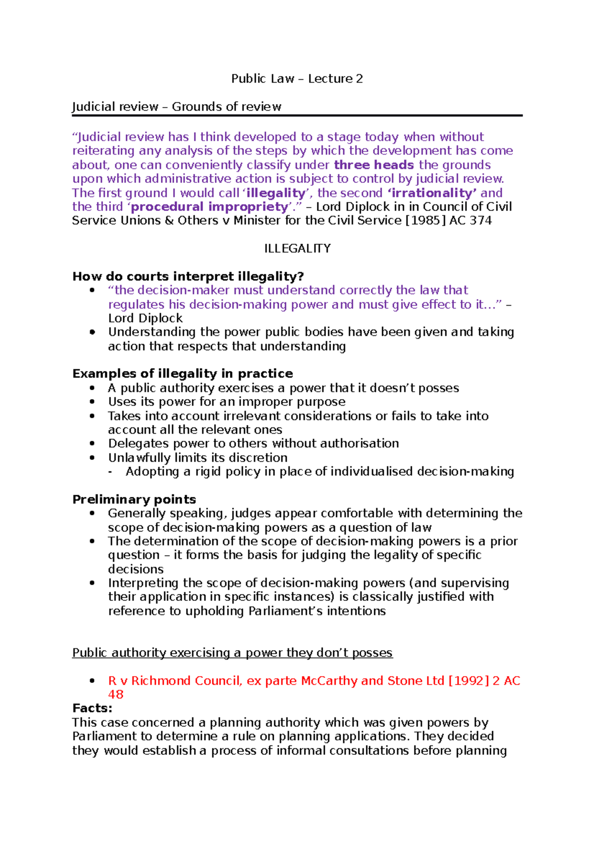 Public law 2 lecture 2 - Public Law – Lecture 2 Judicial review ...