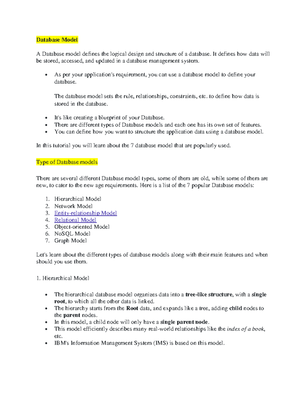 Database Model Notes Week 2 - Database Model A Database model defines ...