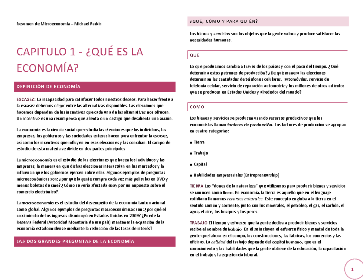 Resumen del libro de Microeconomía- Michael Parkin. - Resumen de